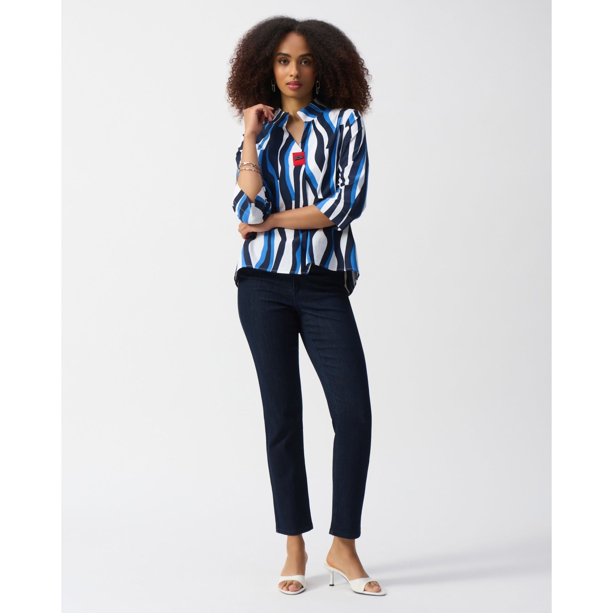 Joseph Ribkoff Stretch Cotton Wave Print Shirt Blue/white