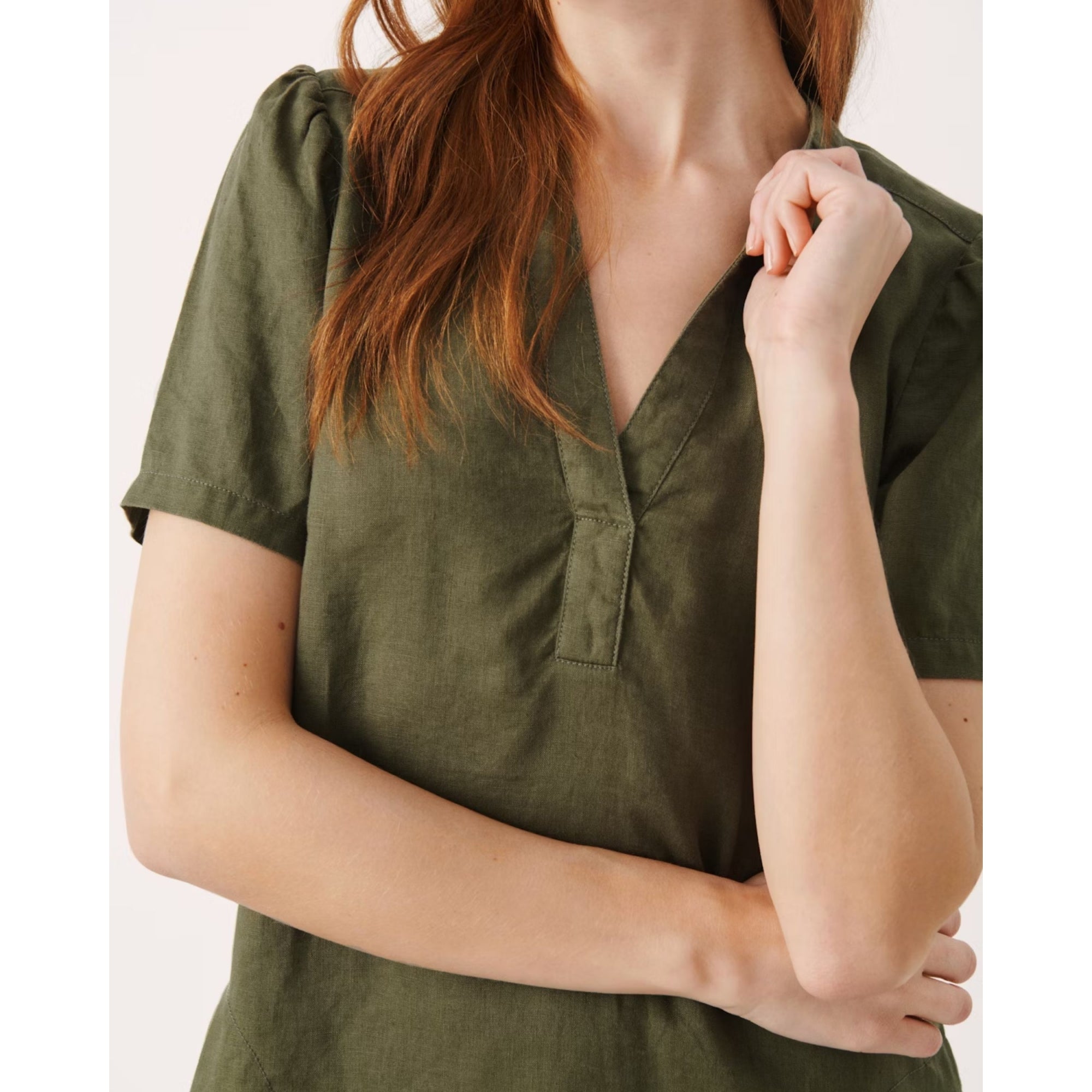 Part Two Aminase Short Sleeve Split Neck Shaped Linen Dress Khaki