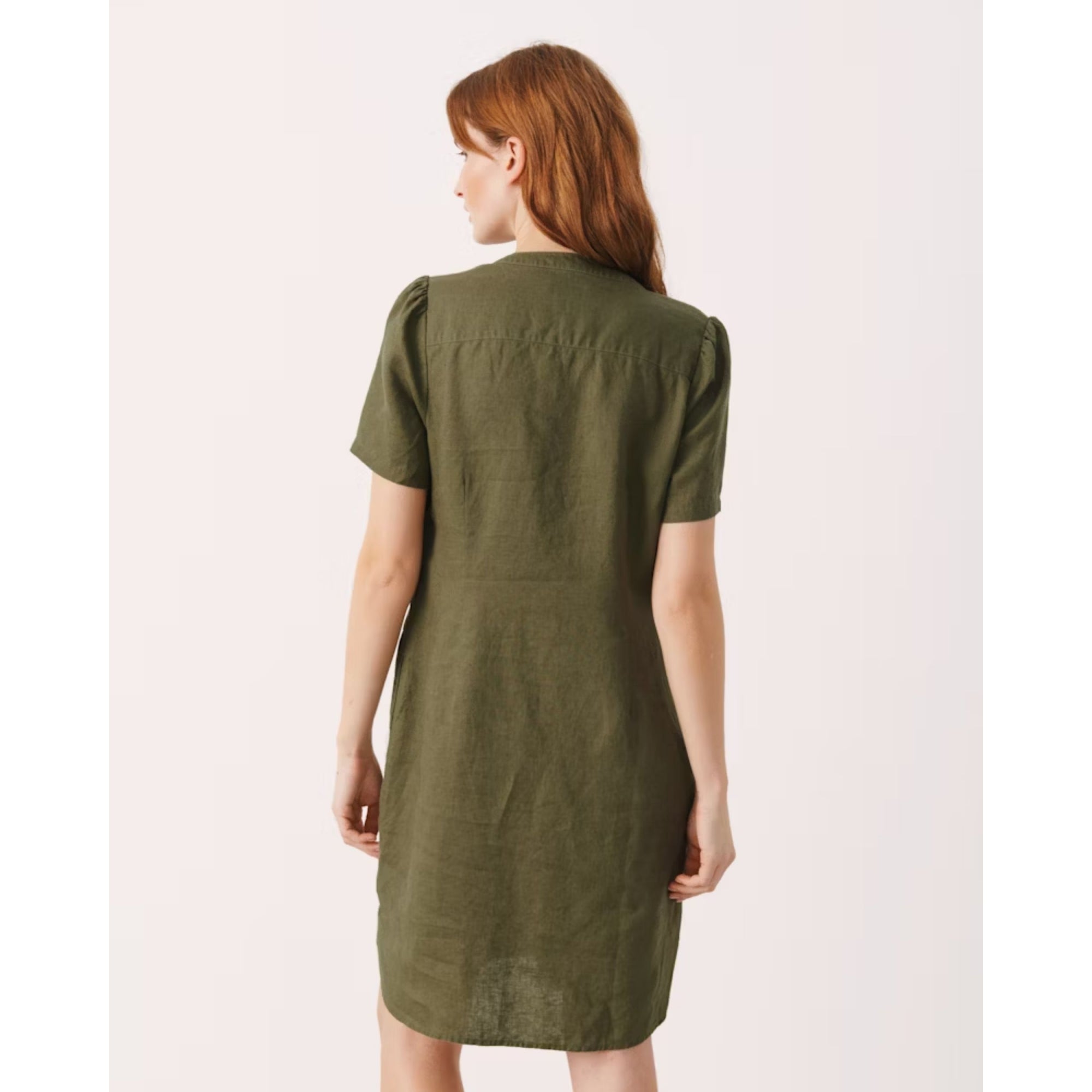 Part Two Aminase Short Sleeve Split Neck Shaped Linen Dress Khaki