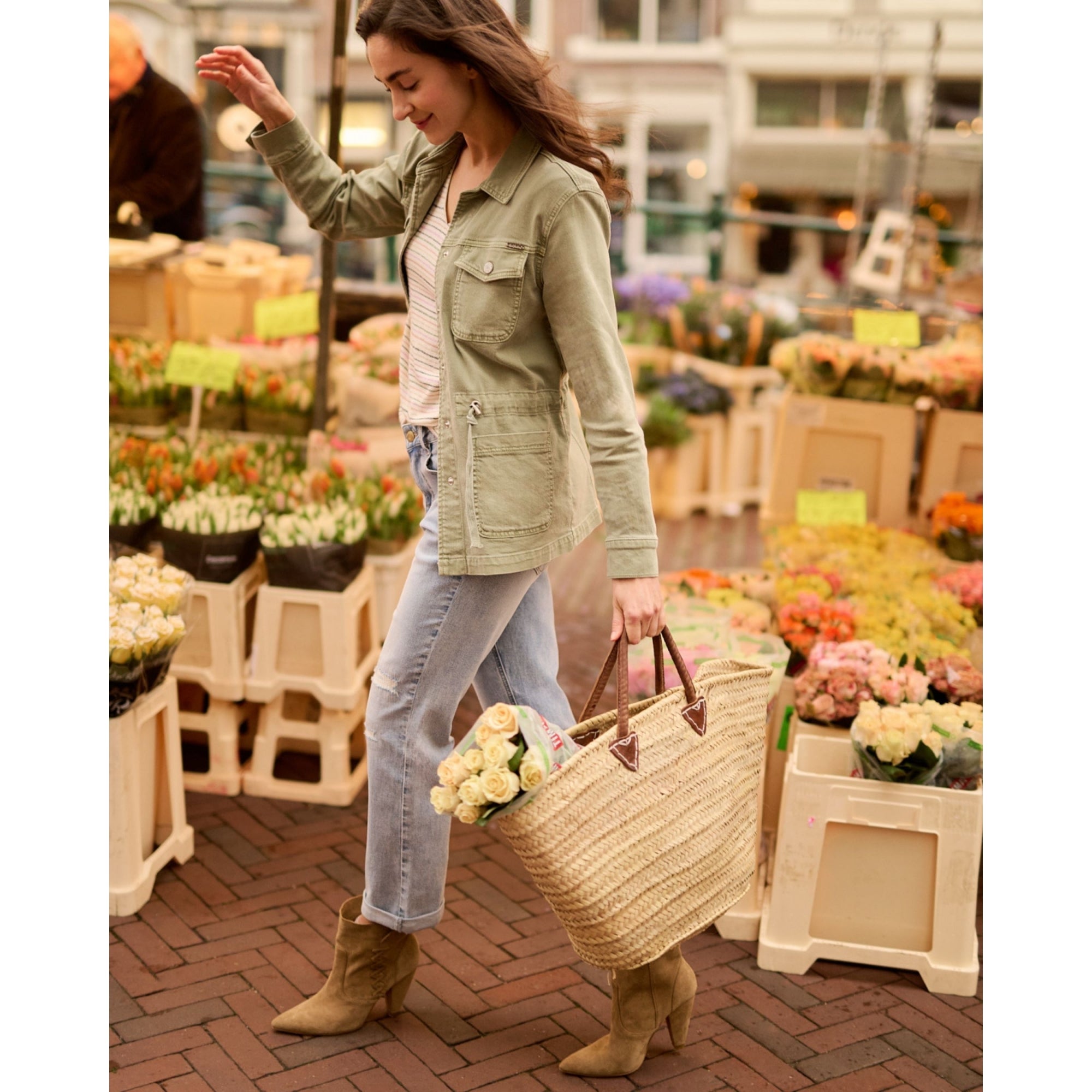 Red Button Robie Shirt Jacket With Drawstring Waist & Patch Pockets Teagreen