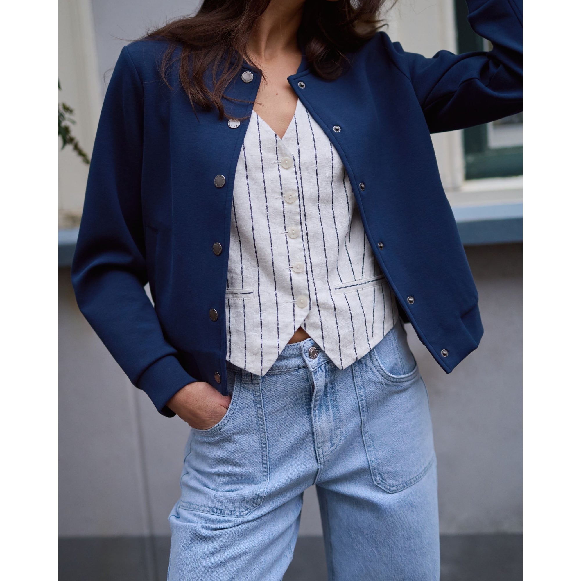 Red Button Scuba Button Down Bomber Jacket Navy