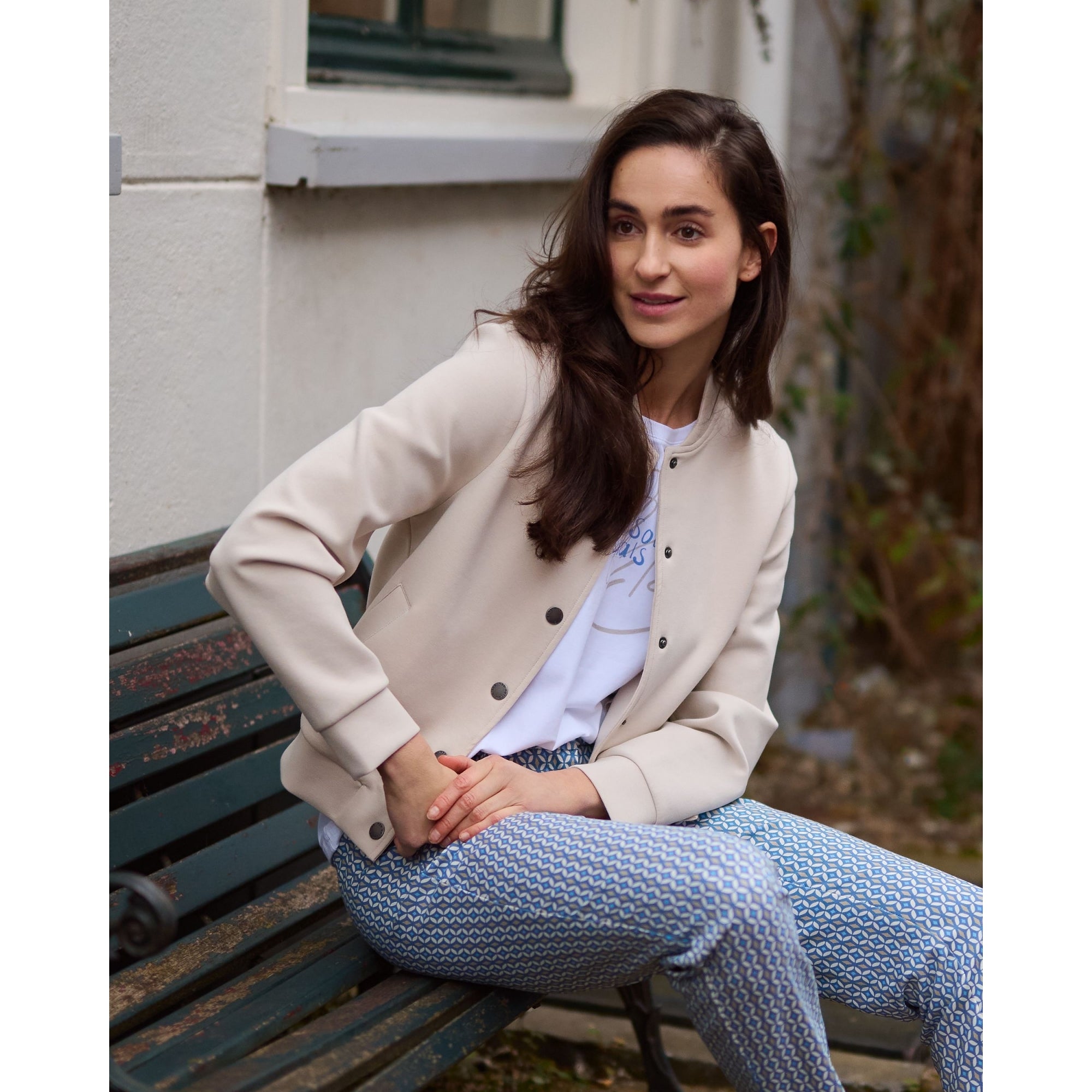 Red Button Scuba Button Down Bomber Jacket Beige