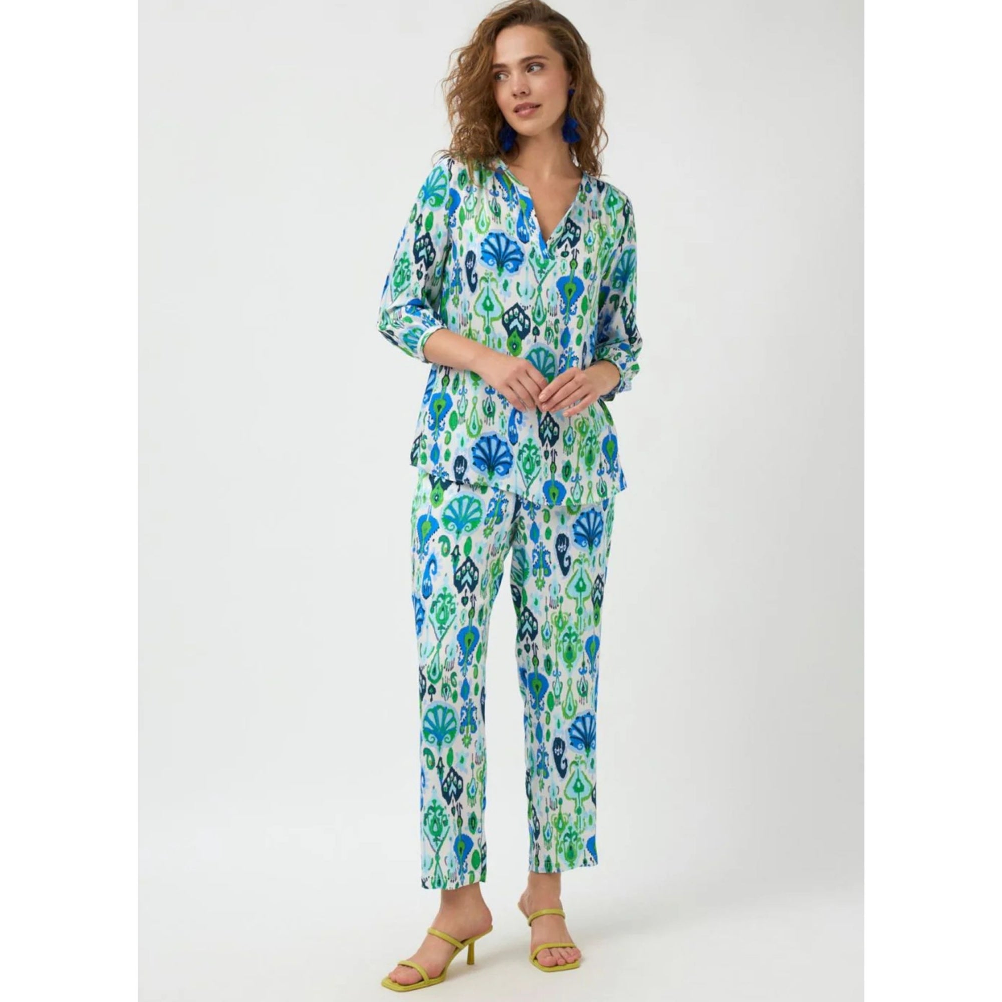 Tinta Style Elene Ikat Print Split Neck Blouse Blue/green