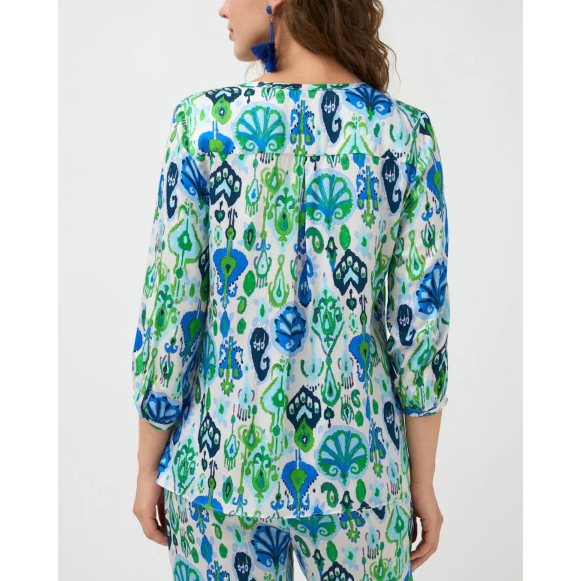 Tinta Style Elene Ikat Print Split Neck Blouse Blue/green