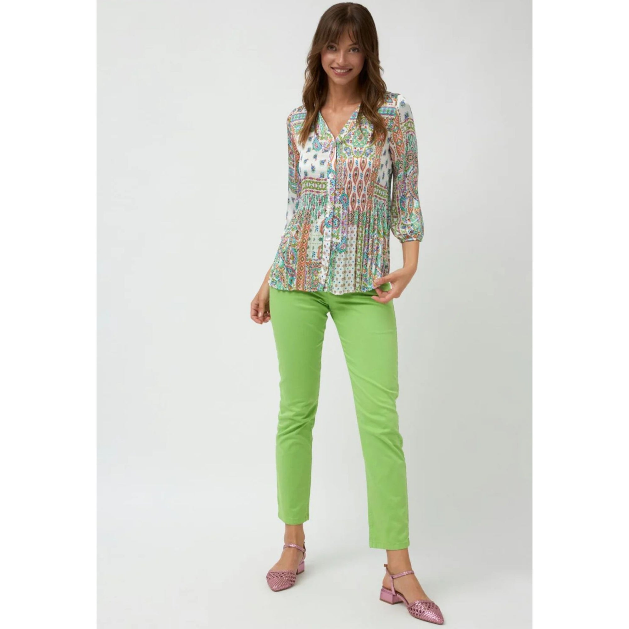 Bariloche Cala Paisley Print V Neck Crinkle Pleat Blouse Multi
