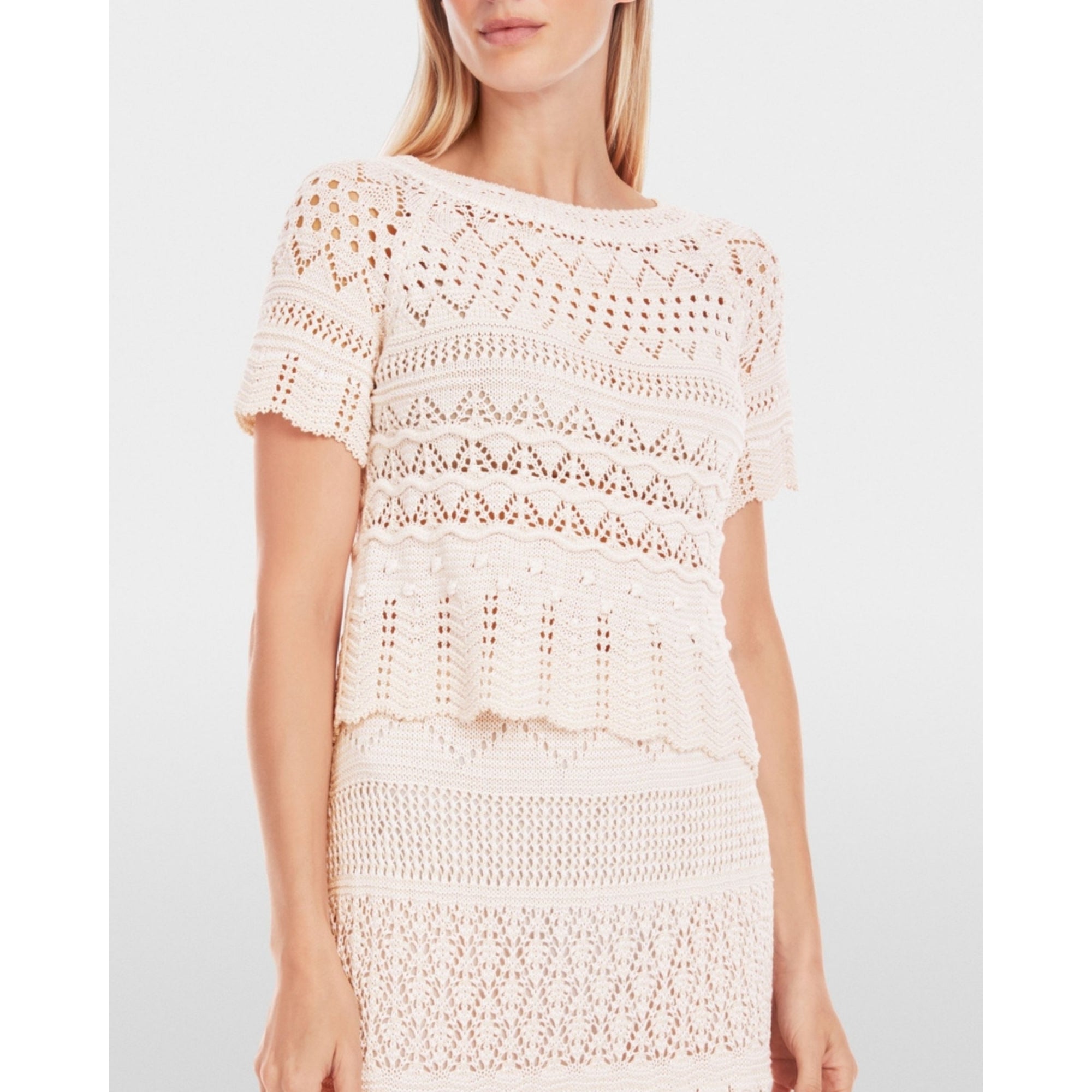 Marc Cain Crochet Knit Top With Short Sleeve Cream/white