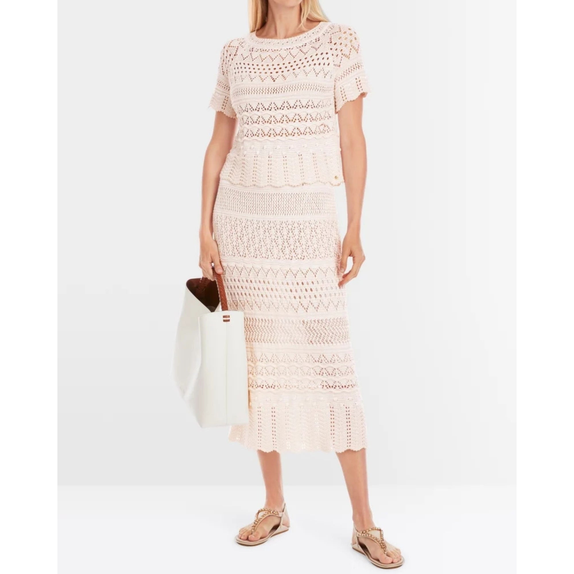 Marc Cain Crochet Knit Top With Short Sleeve Cream/white