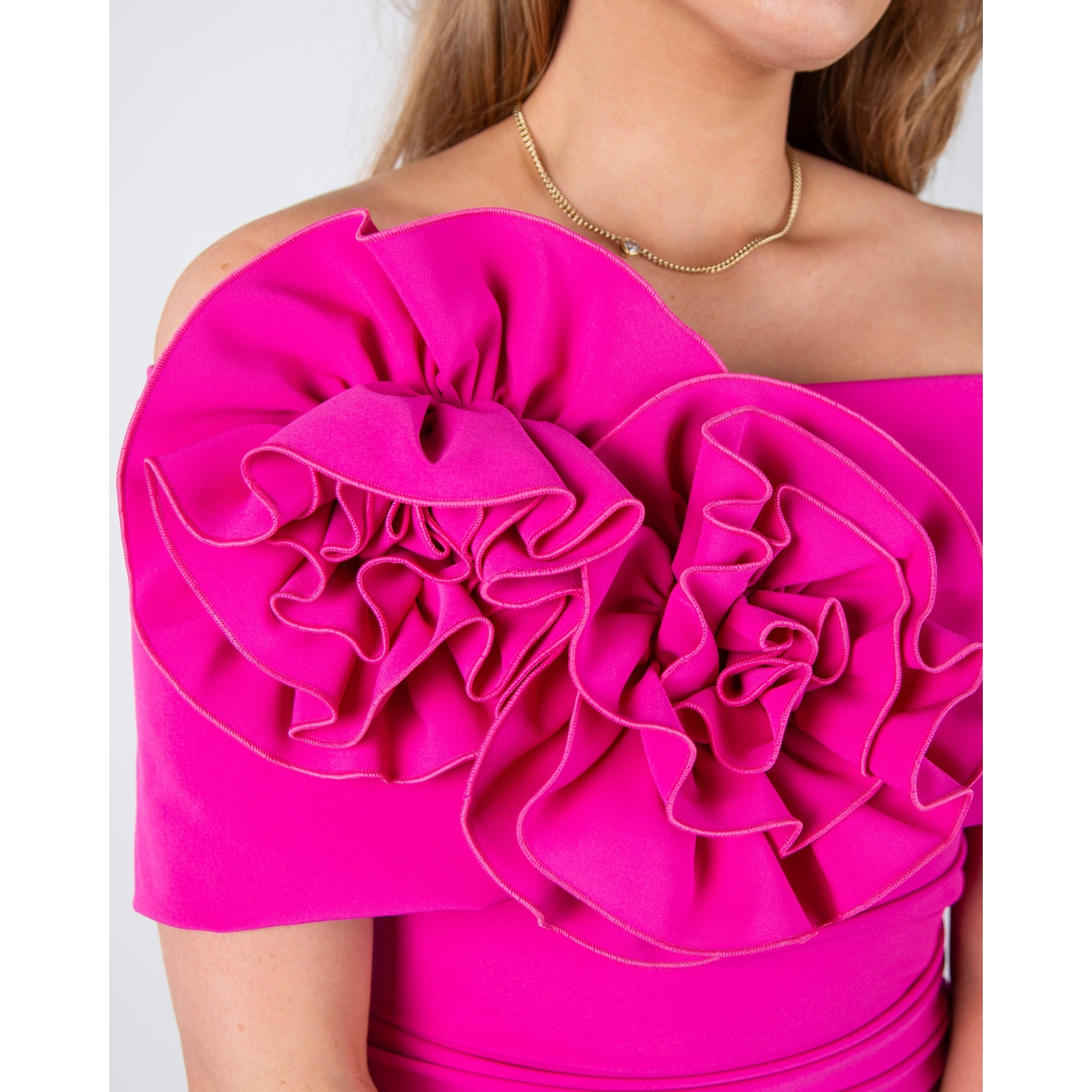 Kevan Jon Kris Bardot Knee Length Fitted Dress With Rosette Bright Pink