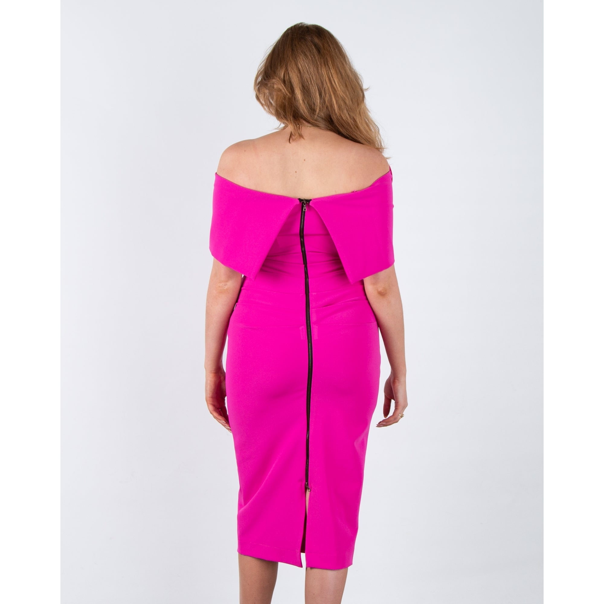 Kevan Jon Kris Bardot Knee Length Fitted Dress With Rosette Bright Pink