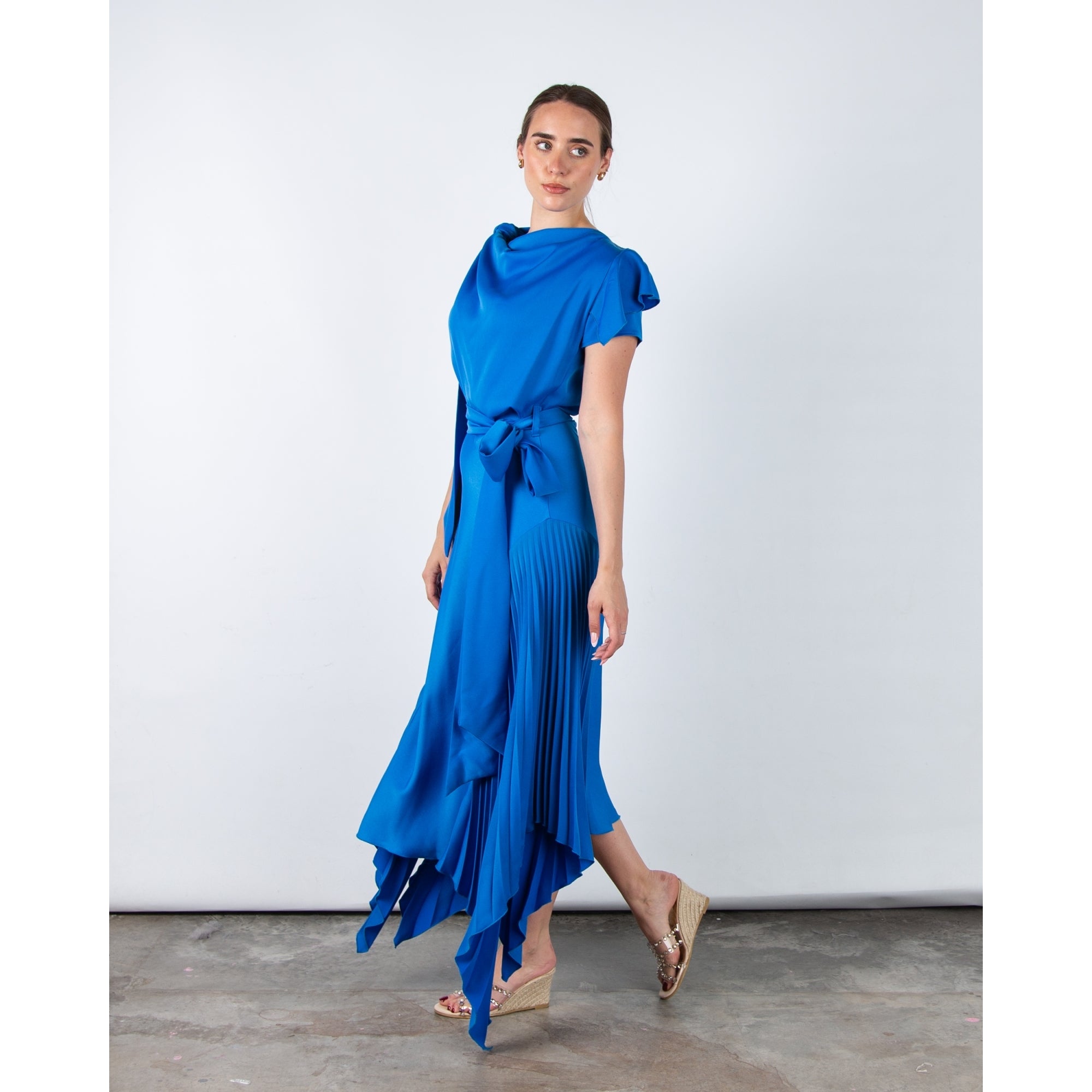 Kevan Jon Emilia Tie Shoulder Pleat Handkerchief Hem Dress New Blue