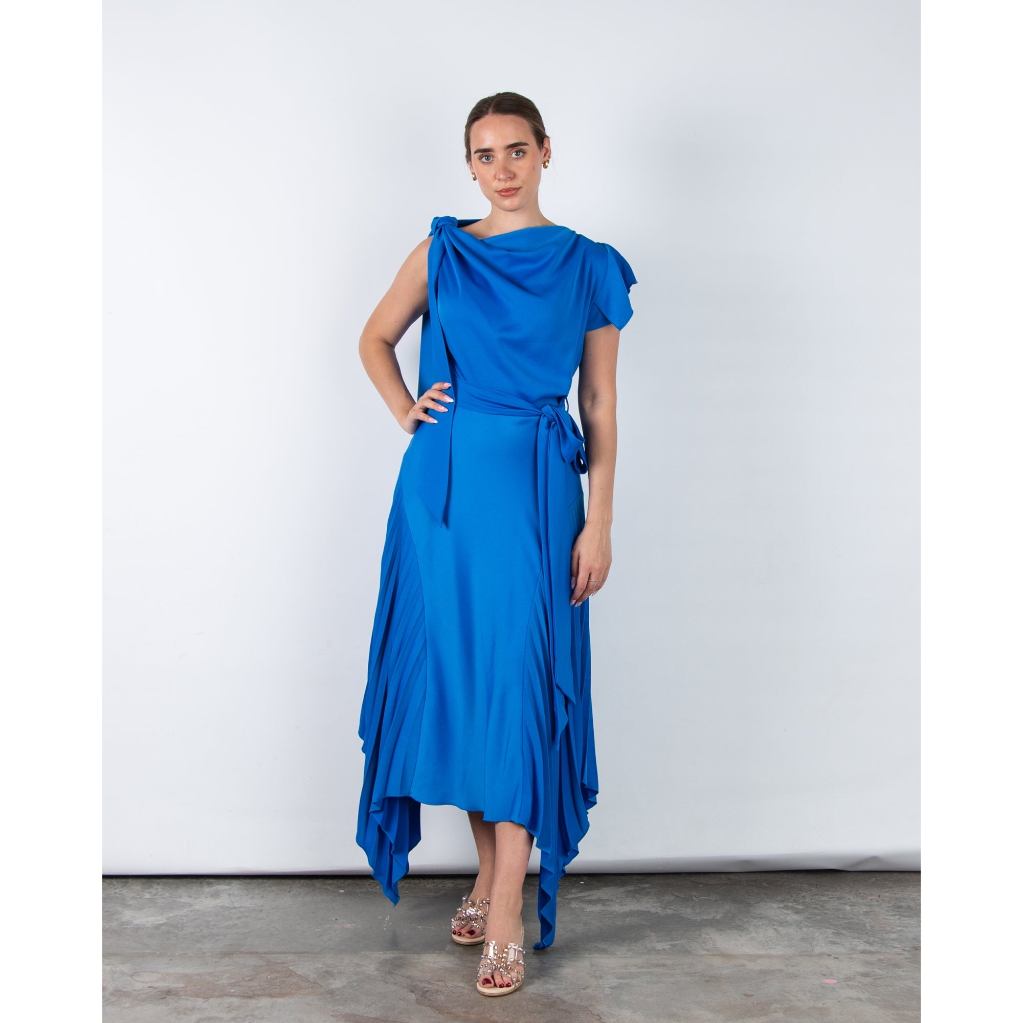 Kevan Jon Emilia Tie Shoulder Pleat Handkerchief Hem Dress New Blue
