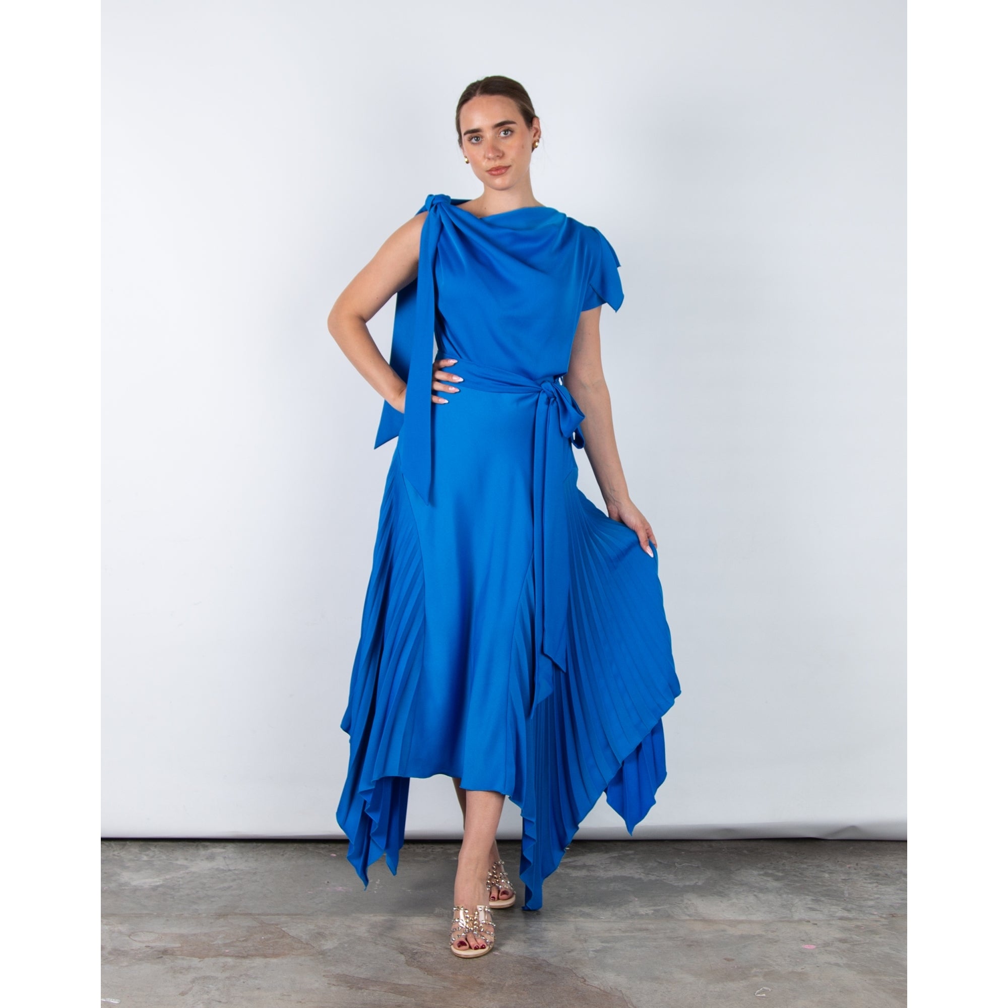 Kevan Jon Emilia Tie Shoulder Pleat Handkerchief Hem Dress New Blue