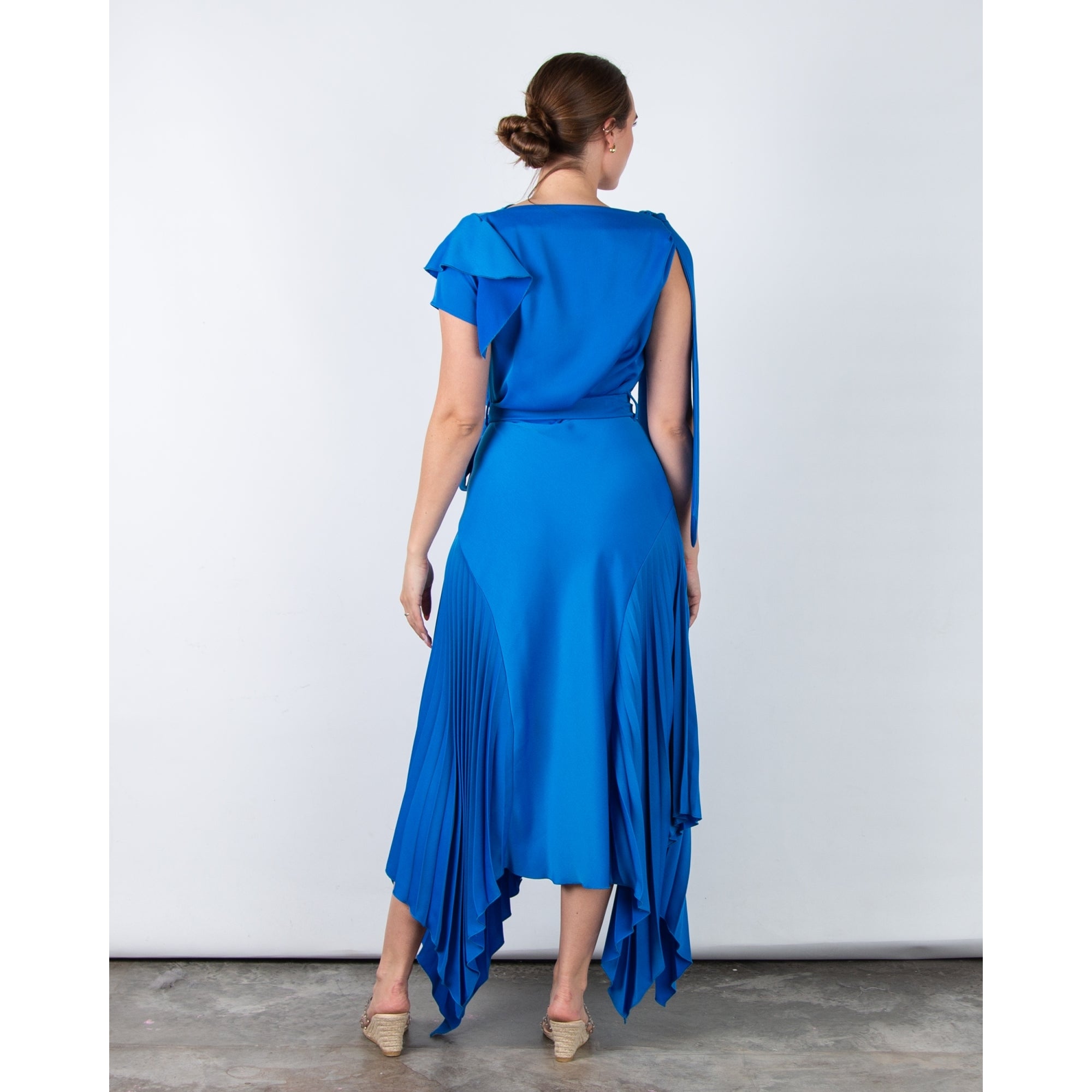 Kevan Jon Emilia Tie Shoulder Pleat Handkerchief Hem Dress New Blue