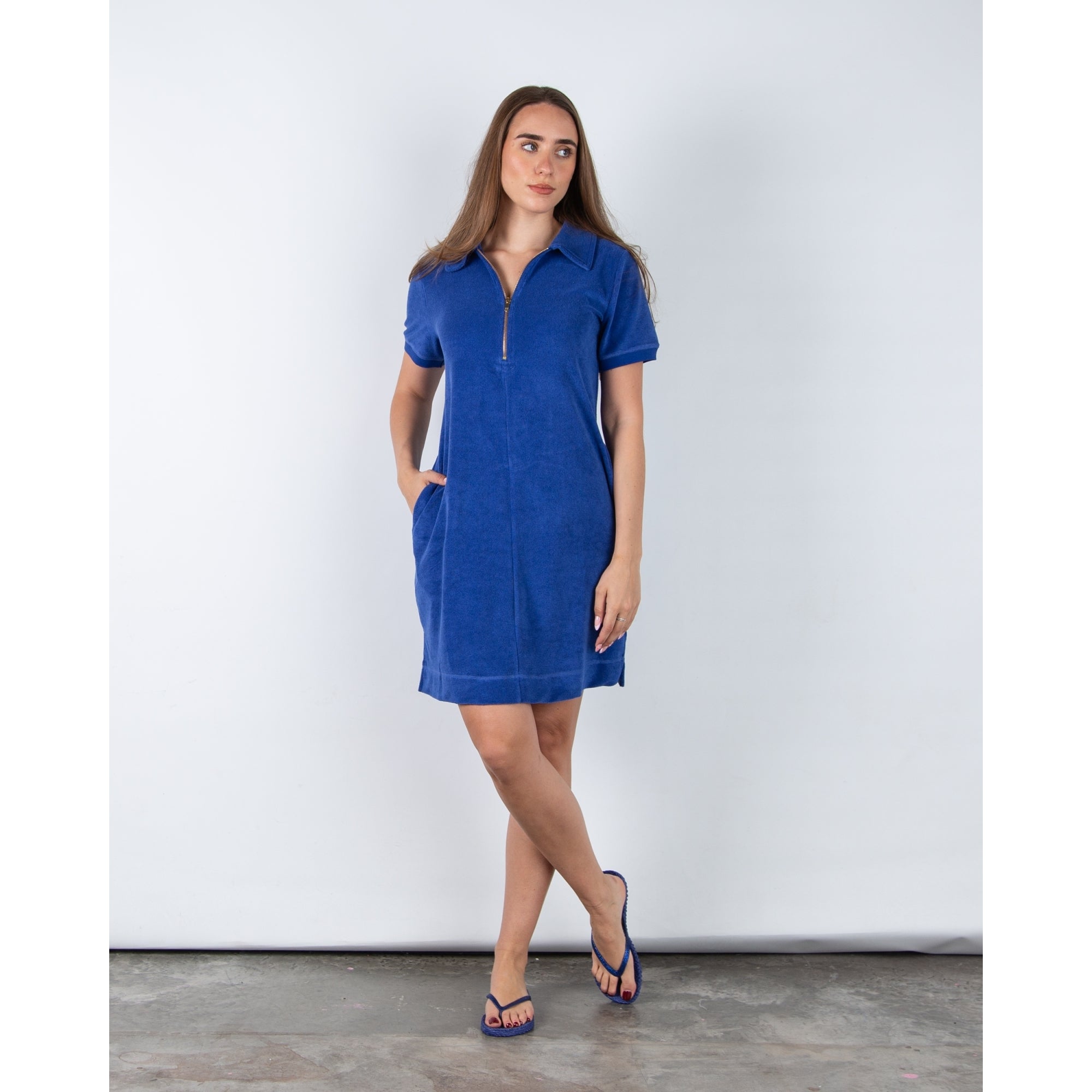 Riani Towelling Dress With Zip Neck And Shirt Collar Cobalt