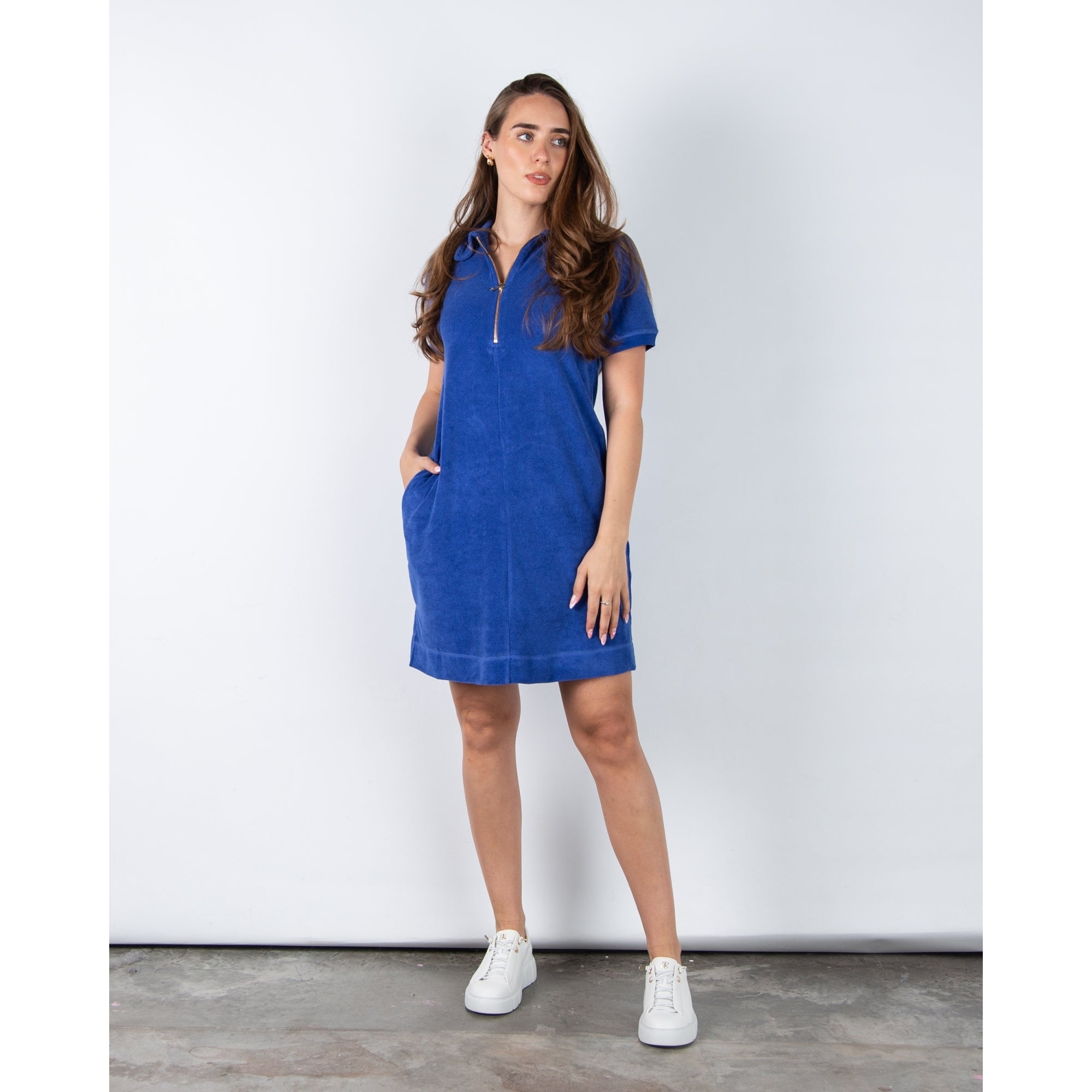 Riani Towelling Dress With Zip Neck And Shirt Collar Cobalt