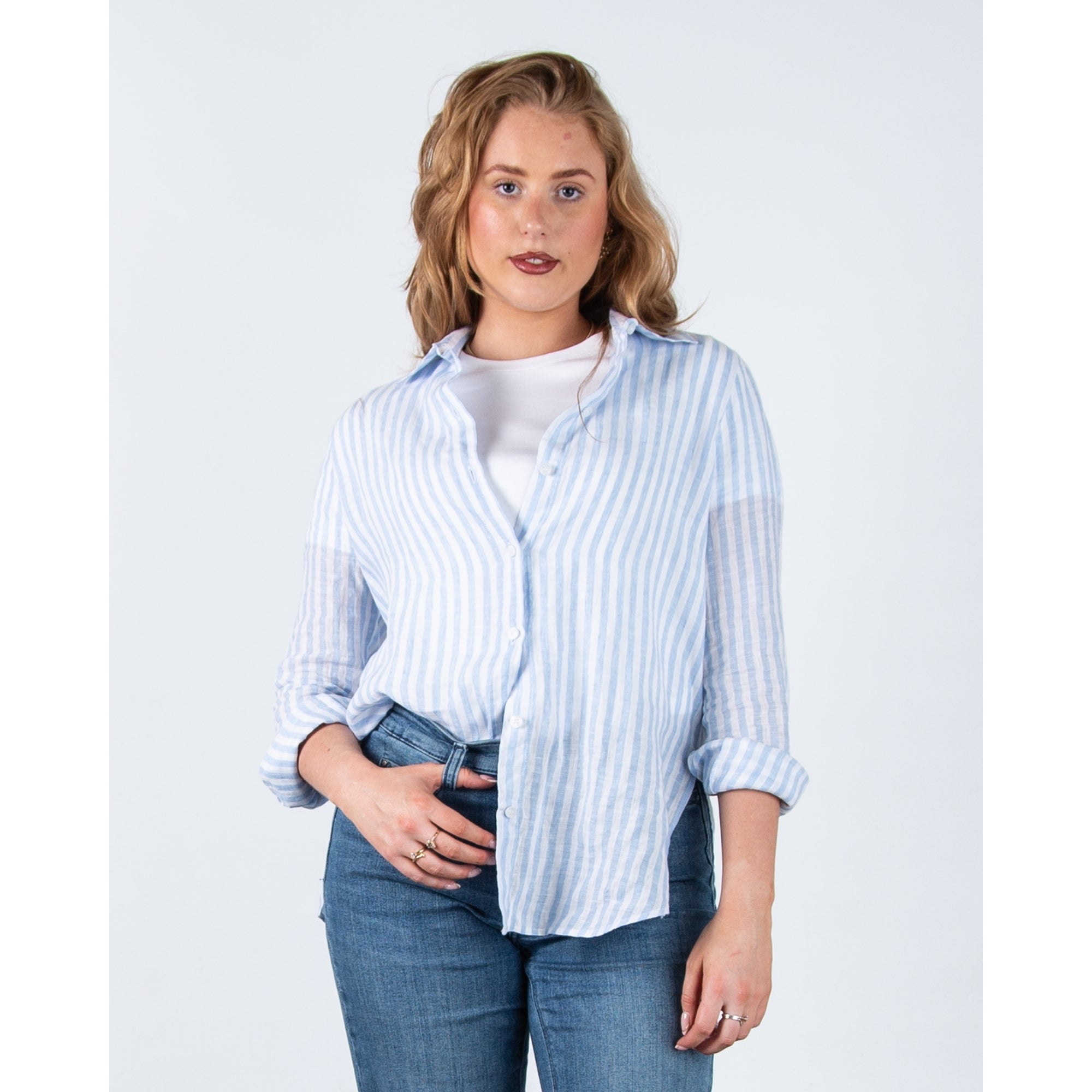 Riani Oversized Stripe Linen Shirt Pale Blue/white