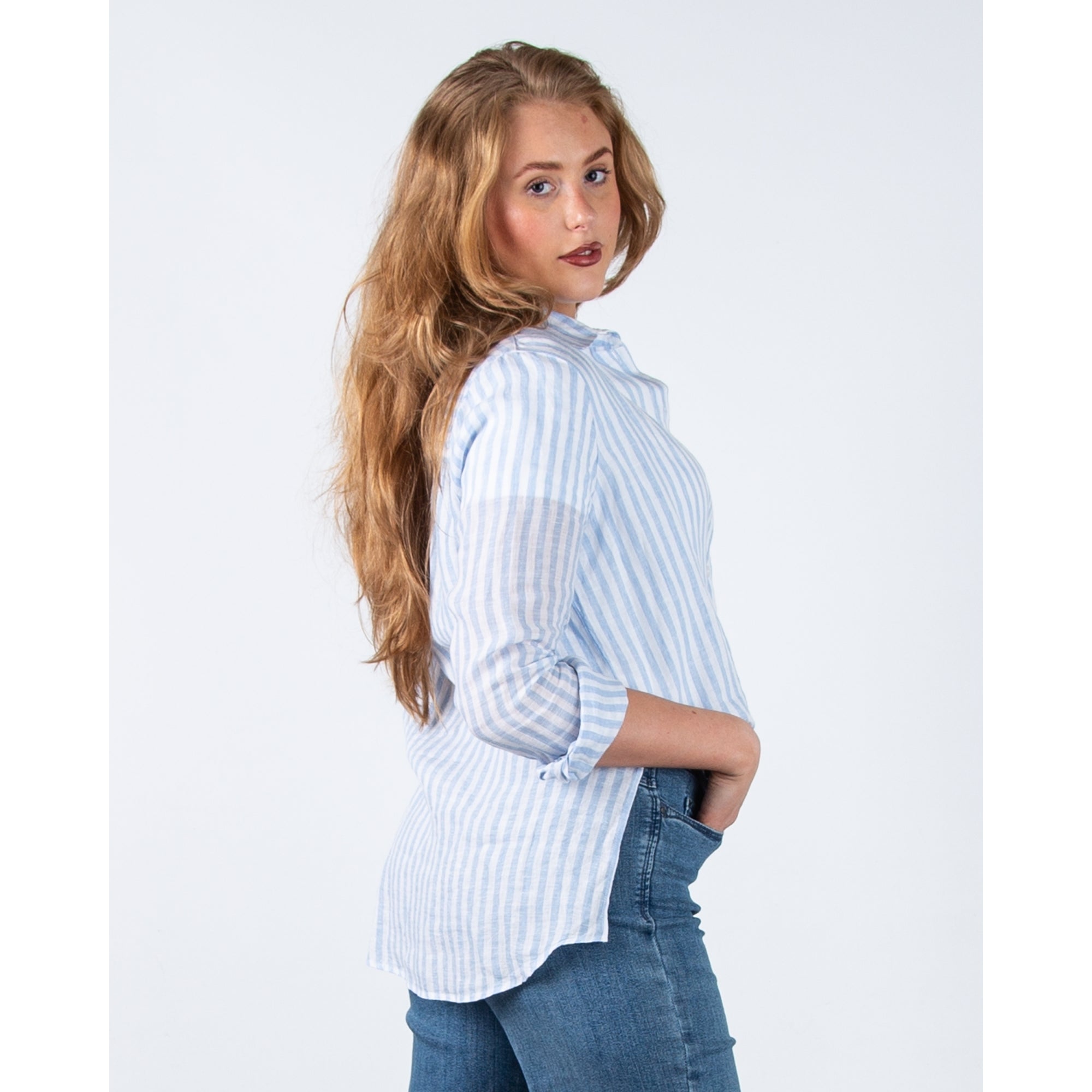 Riani Oversized Stripe Linen Shirt Pale Blue/white