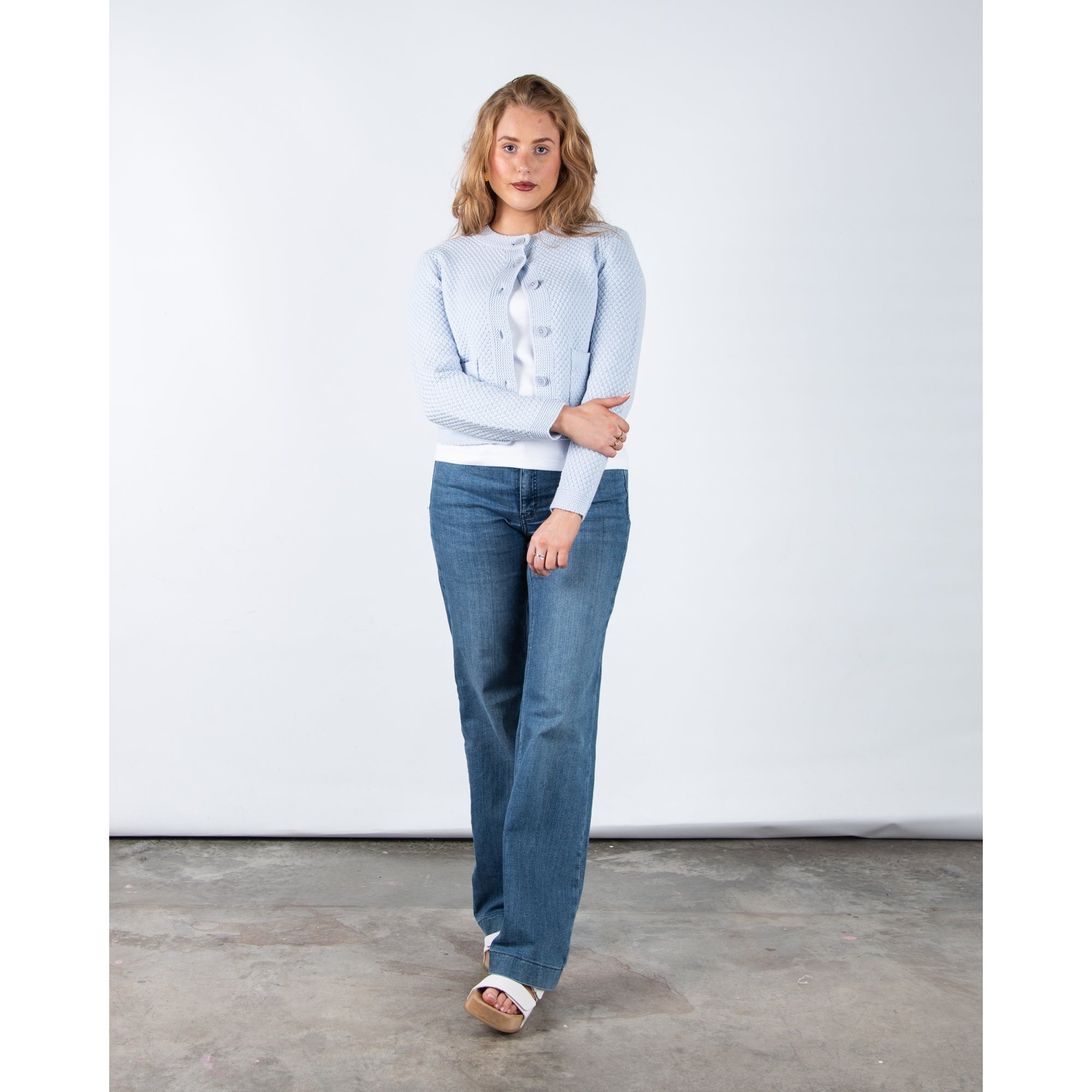 Part Two Elmie Waffle Knit Patch Pocket Cardigan Baby Blue