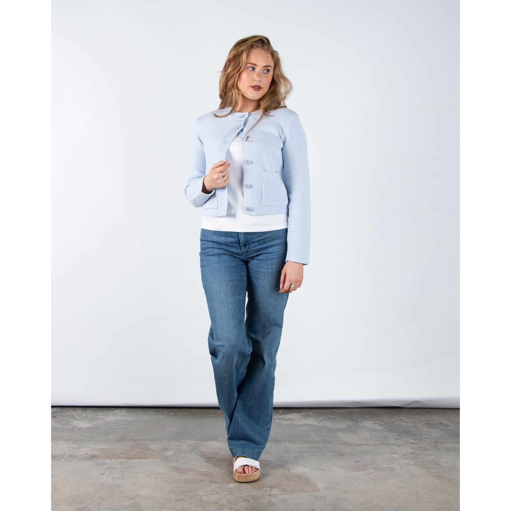 Part Two Elmie Waffle Knit Patch Pocket Cardigan Baby Blue