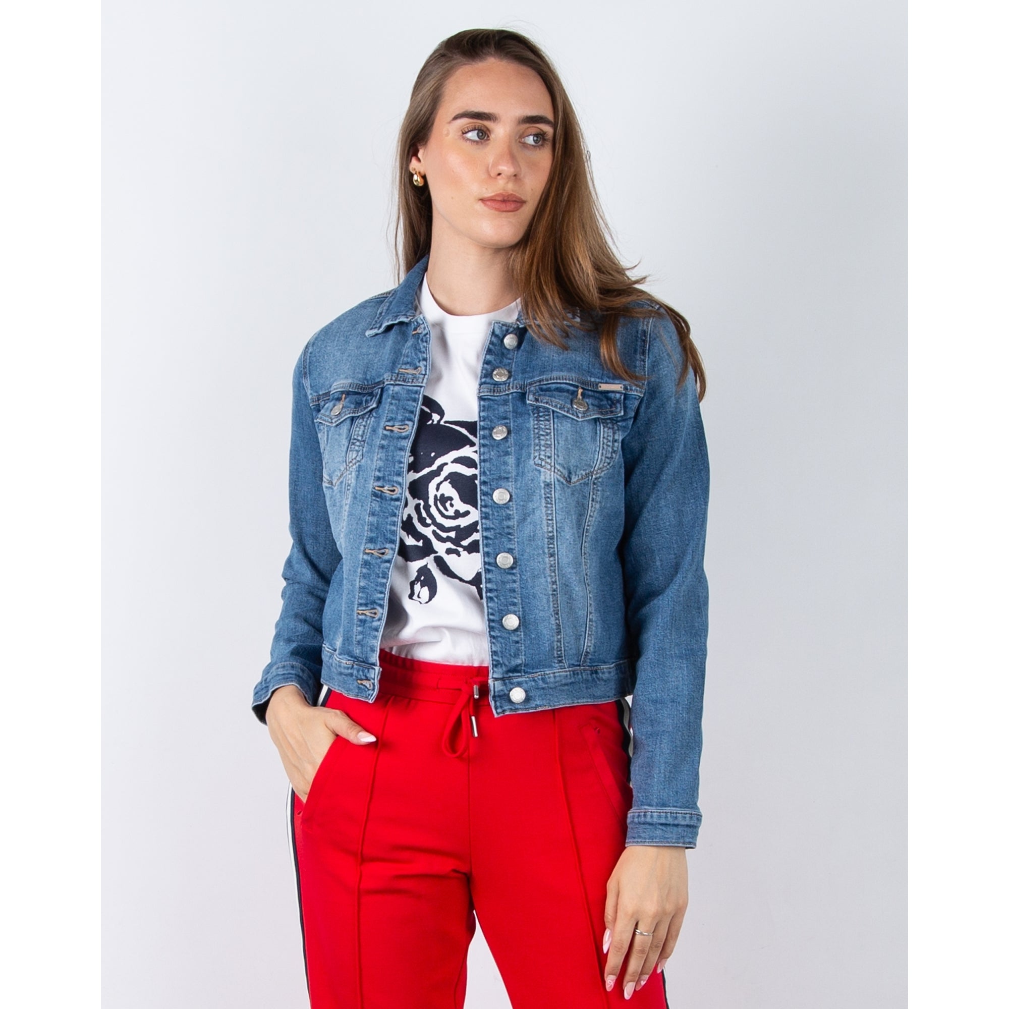 Red Button Jackie Patch Pocket Denim Jacket Mid Denim