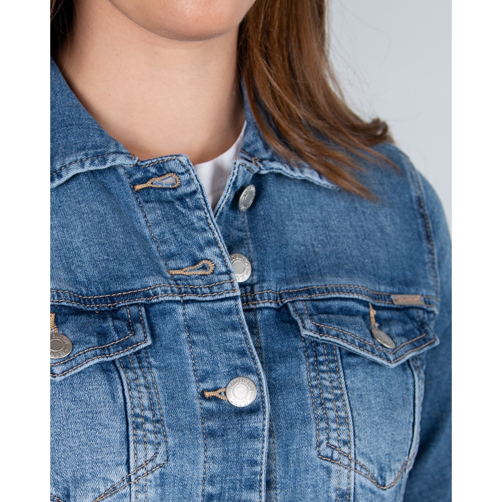 Red Button Jackie Patch Pocket Denim Jacket Mid Denim