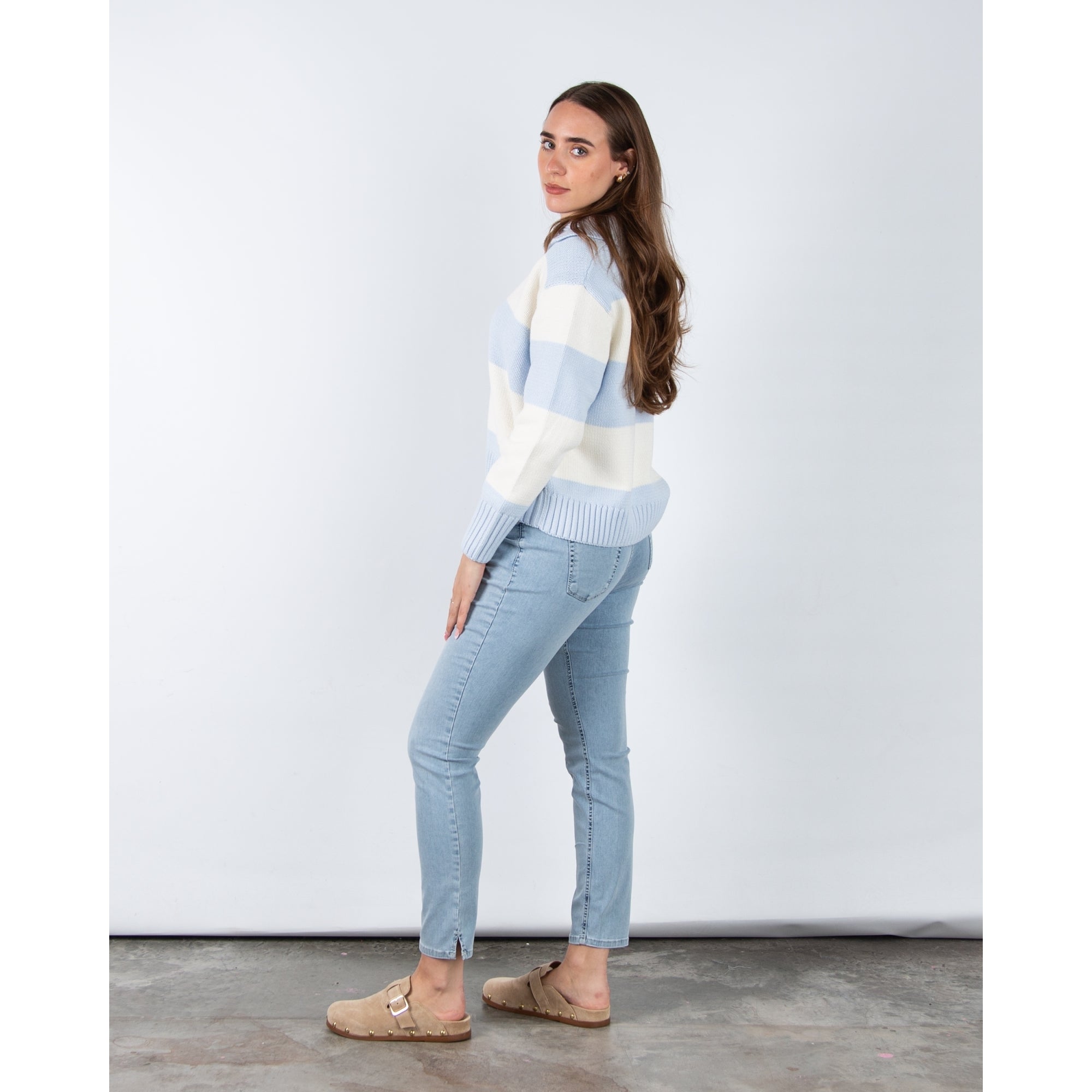 Part Two Elinda Wide Stripe Knit Jumper With Collar Baby Blue/cream