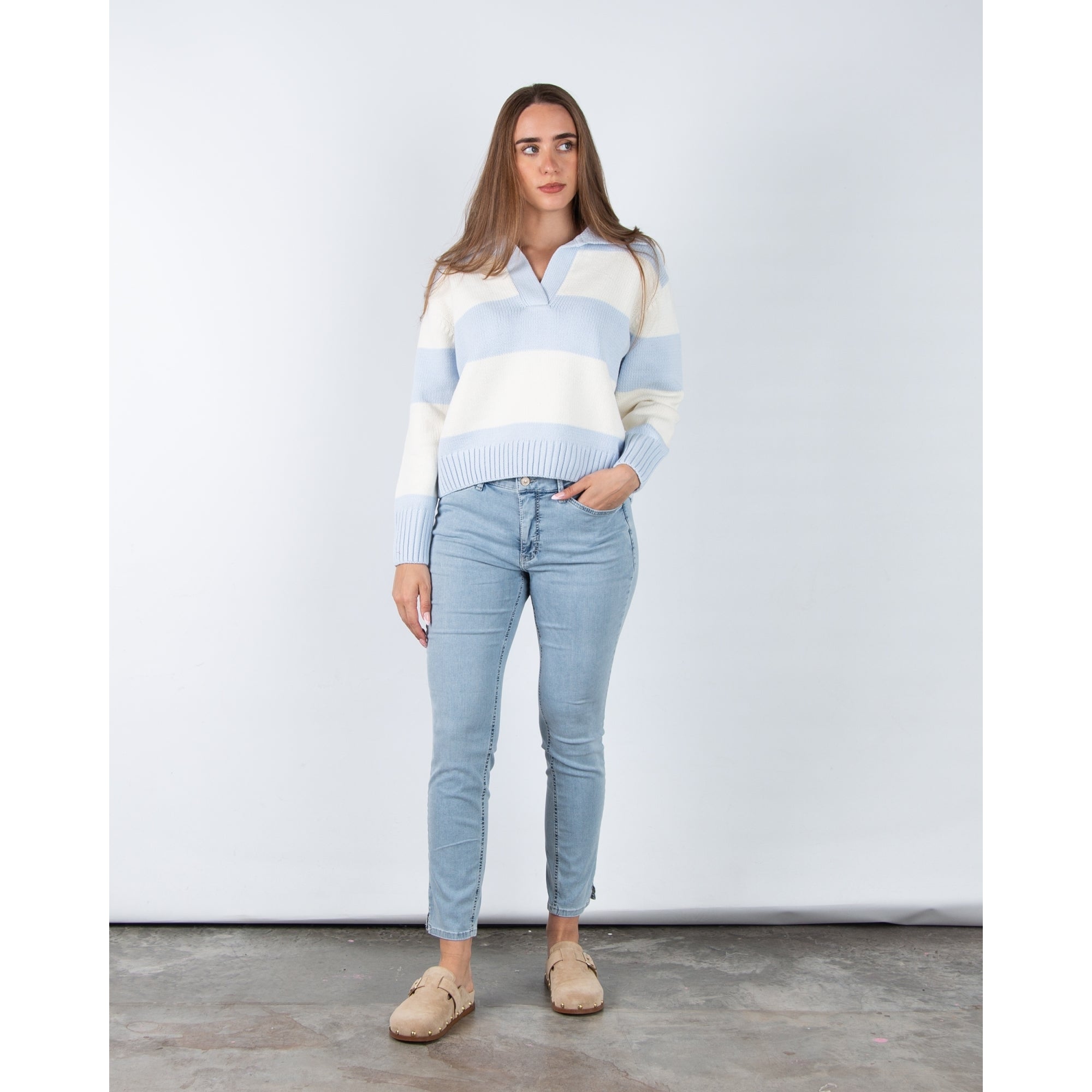 Part Two Elinda Wide Stripe Knit Jumper With Collar Baby Blue/cream