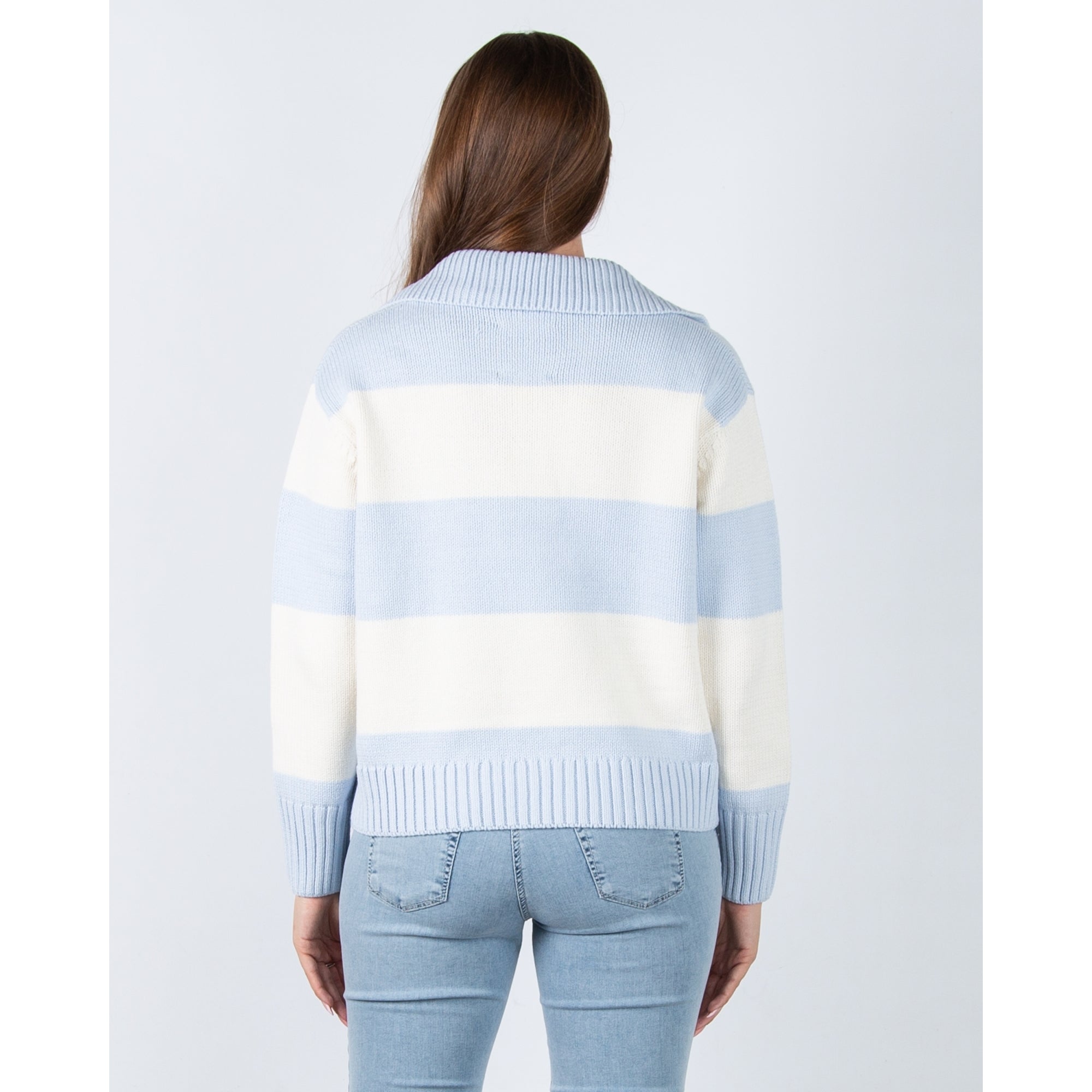 Part Two Elinda Wide Stripe Knit Jumper With Collar Baby Blue/cream