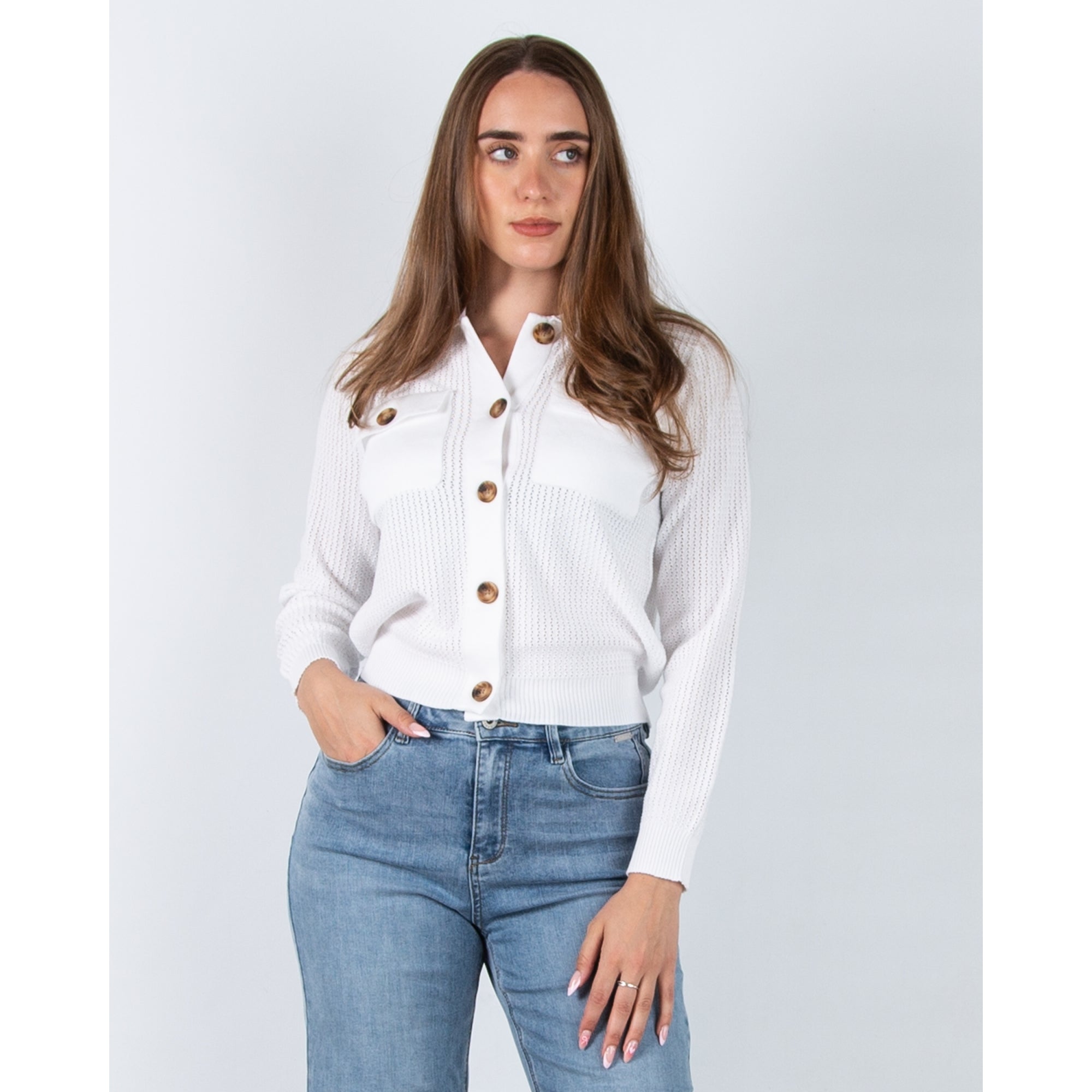 Marble Fashions Patch Pocket Airtex Knit Jacket White 102