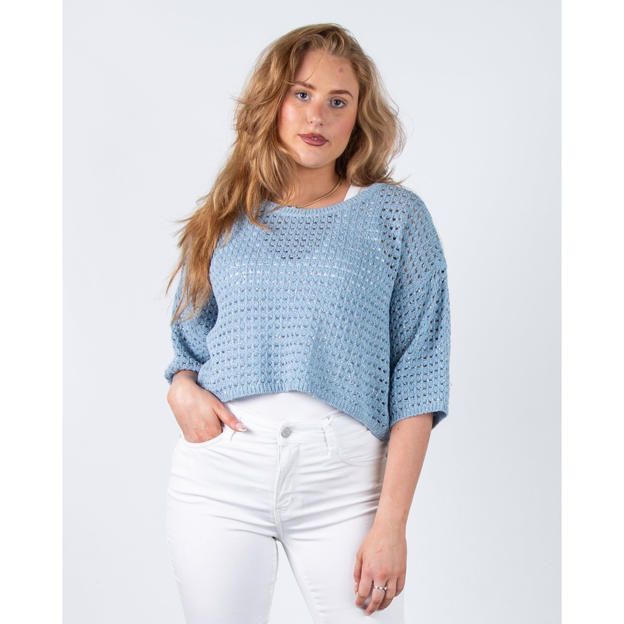 Riani Round Neck Crochet Cropped Top Sky Blue