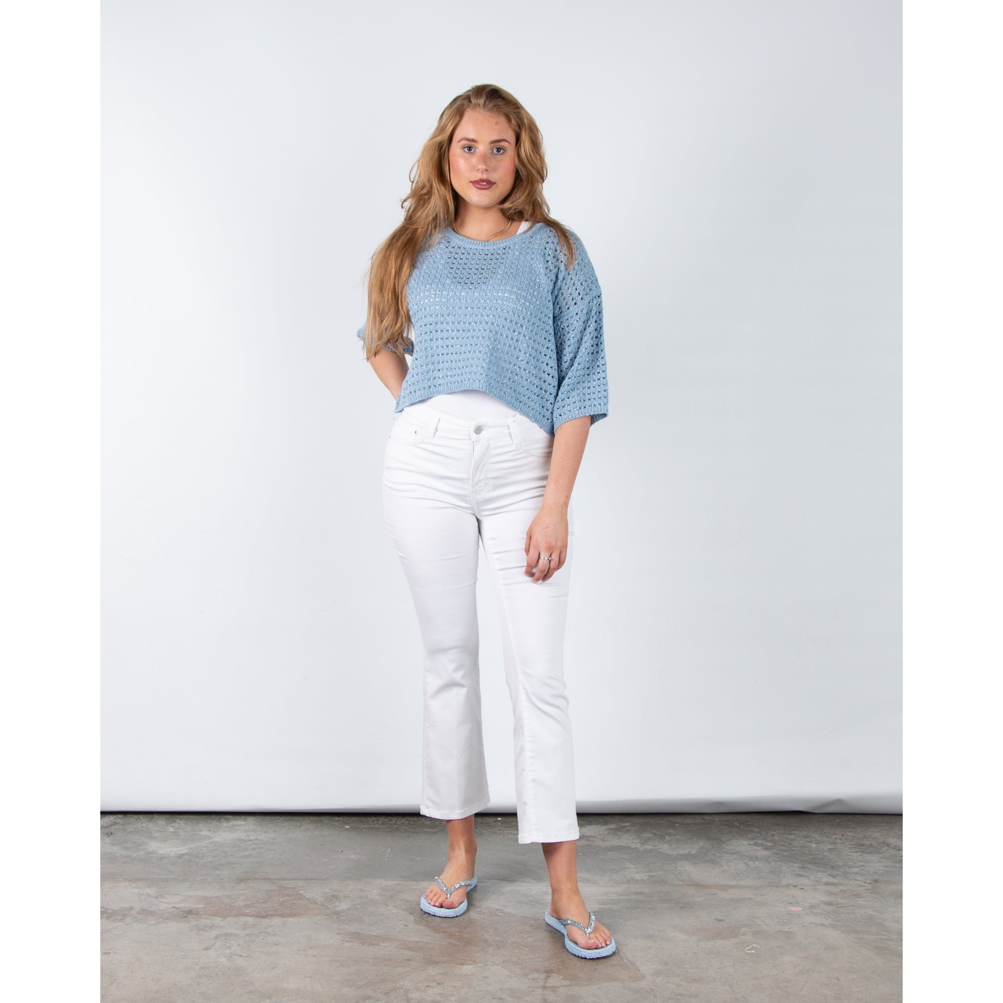 Riani Round Neck Crochet Cropped Top Sky Blue