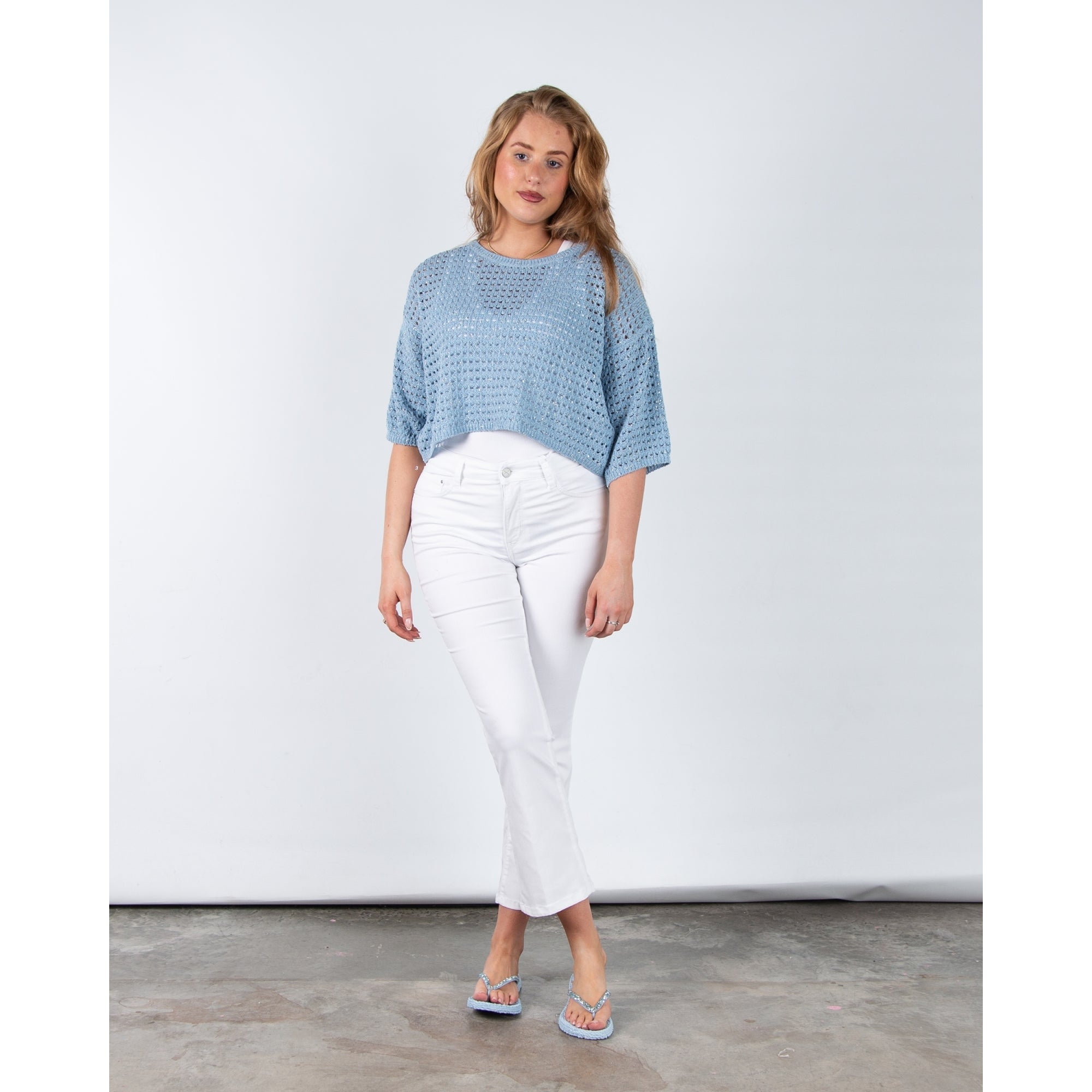 Riani Round Neck Crochet Cropped Top Sky Blue