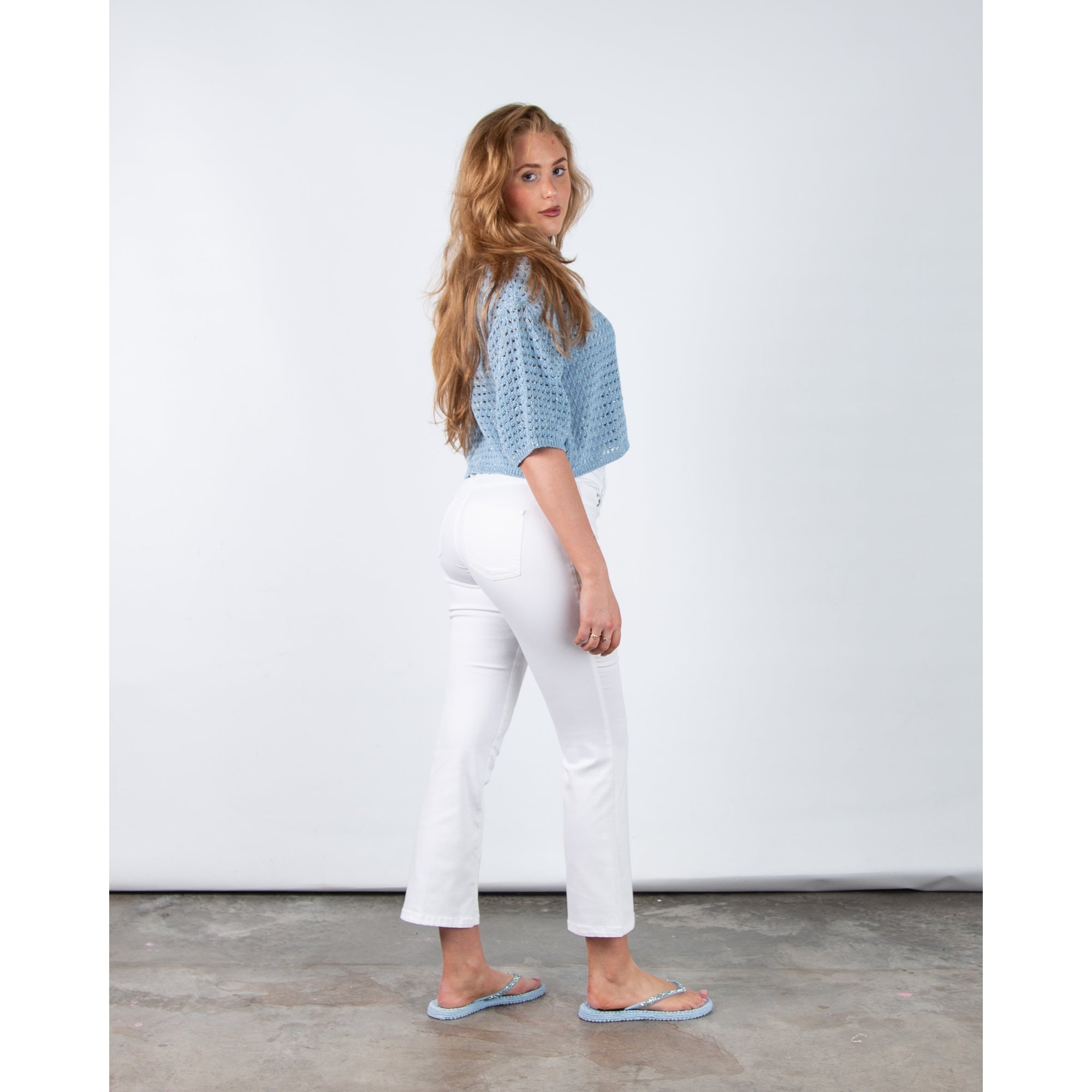 Riani Round Neck Crochet Cropped Top Sky Blue