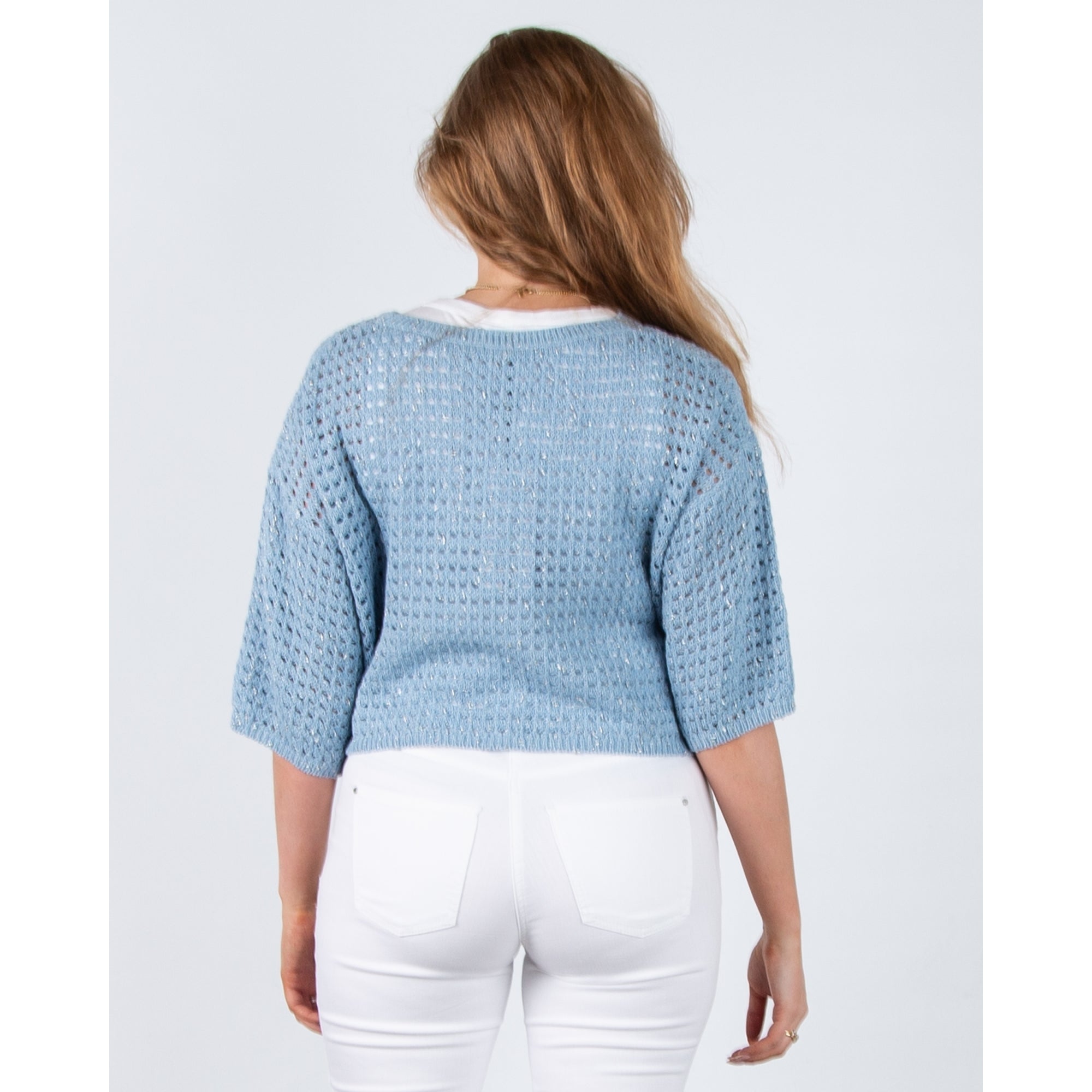 Riani Round Neck Crochet Cropped Top Sky Blue