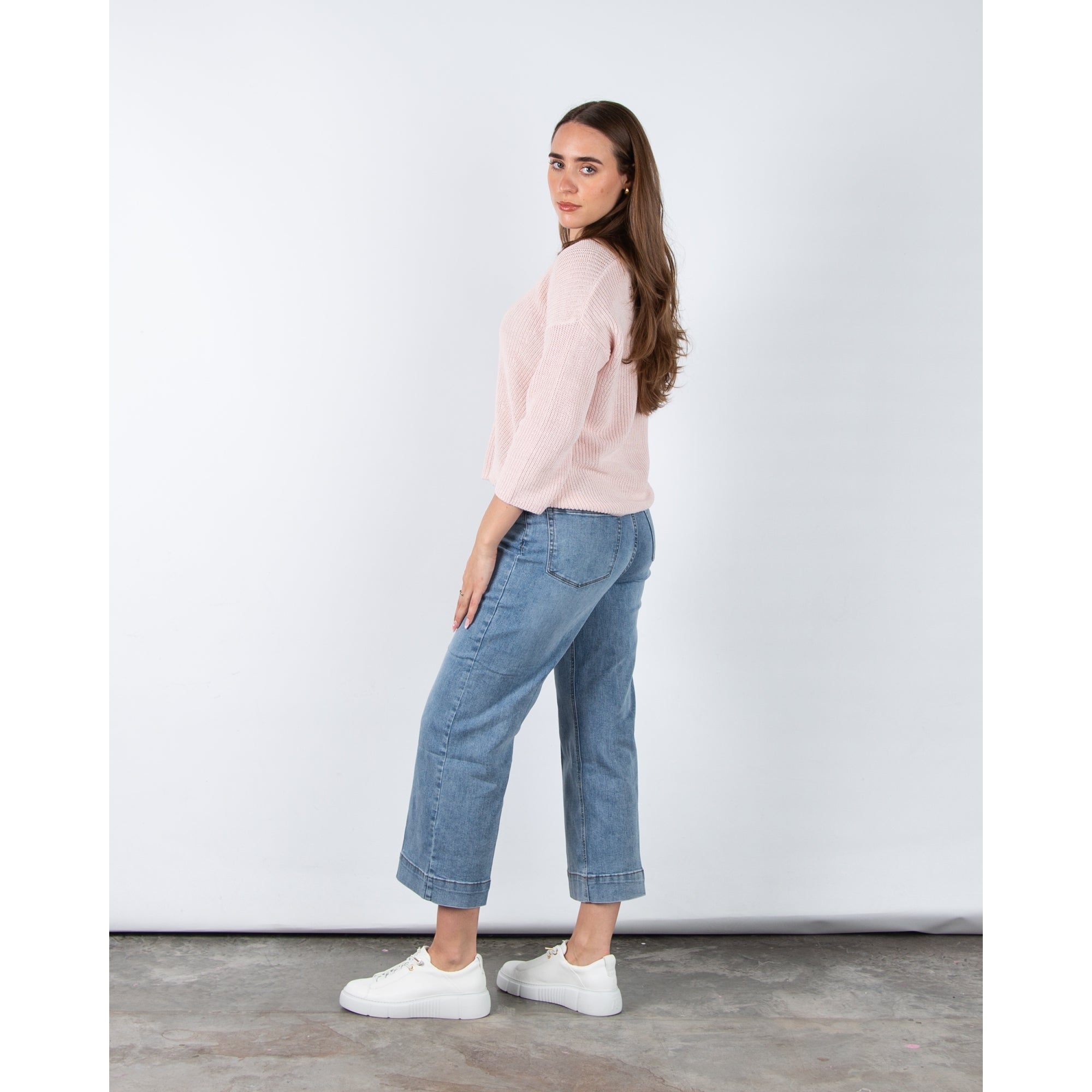 Part Two Etrona V Neck Waffle Knit Linen Blend Jumper Baby Pink