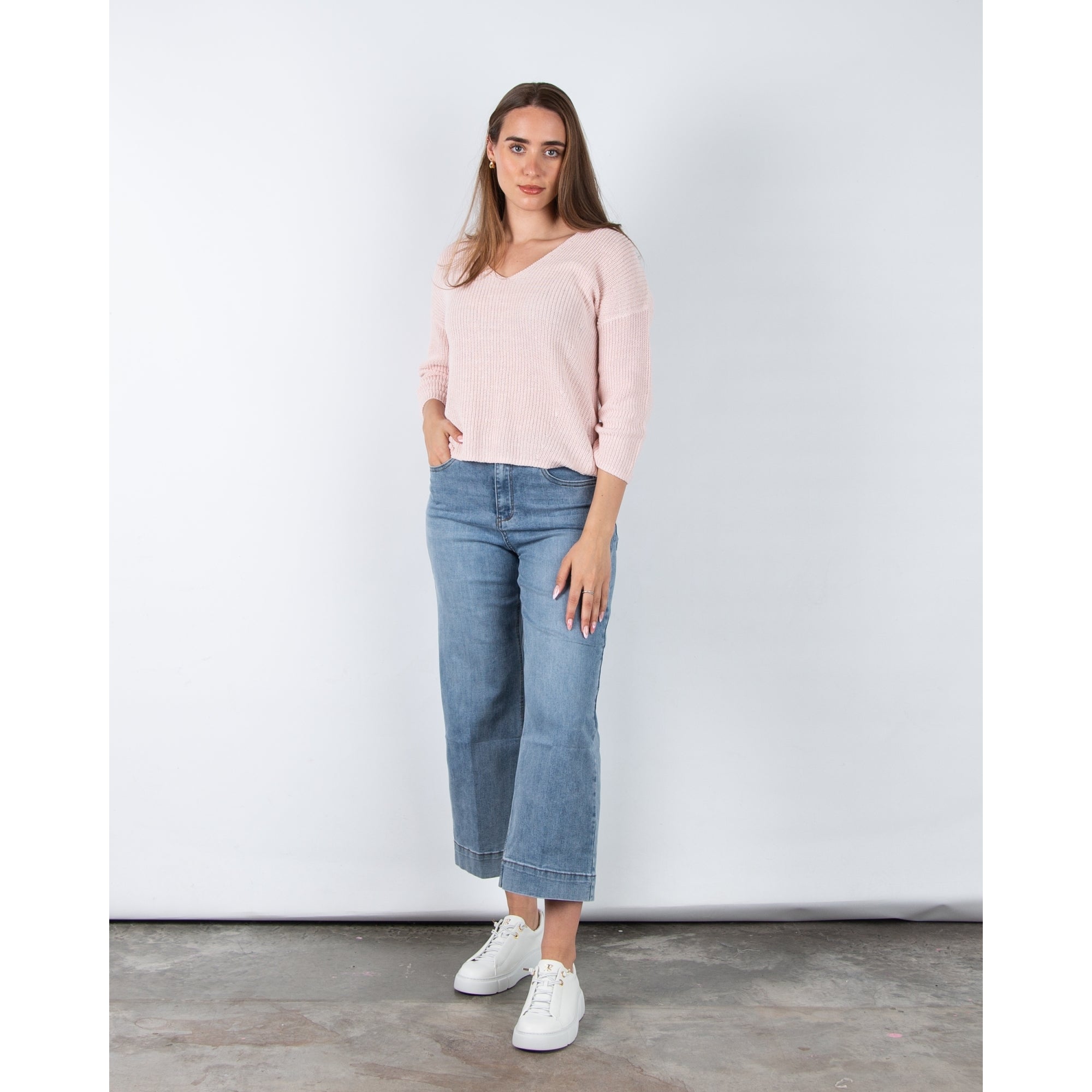 Part Two Etrona V Neck Waffle Knit Linen Blend Jumper Baby Pink