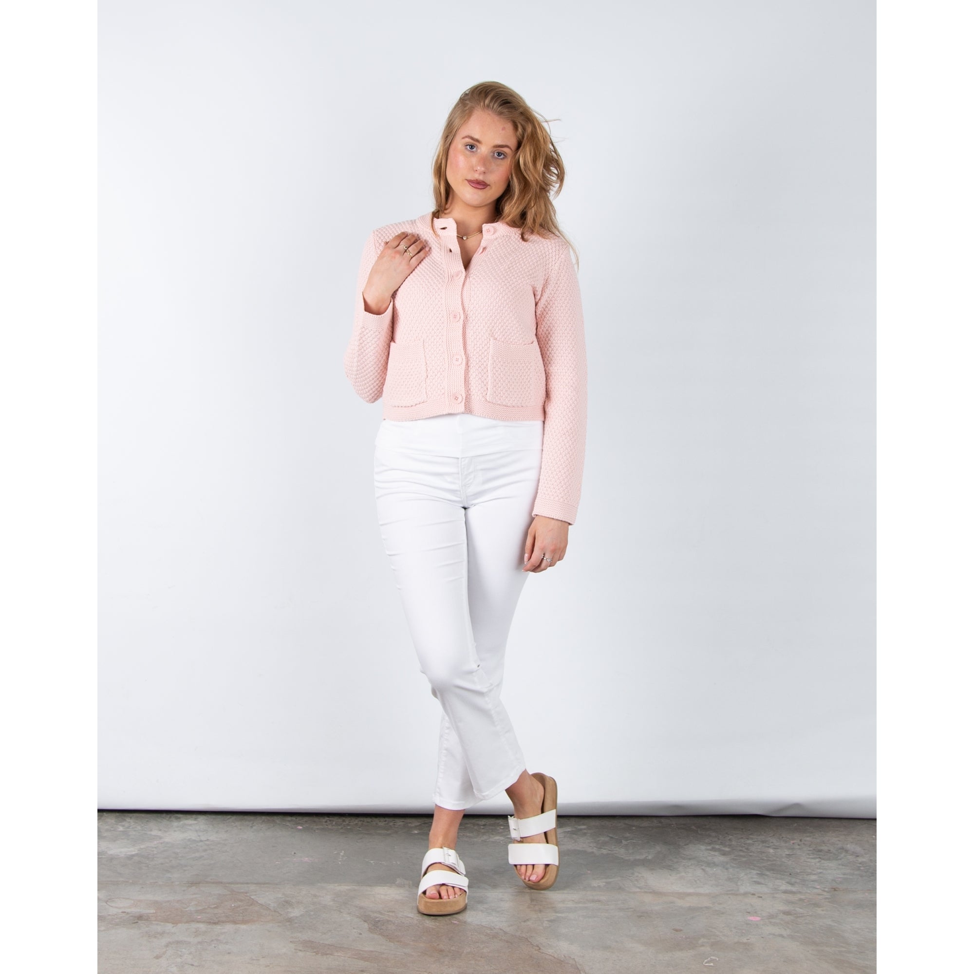 Part Two Elmie Waffle Knit Patch Pocket Cardigan Blush Pink
