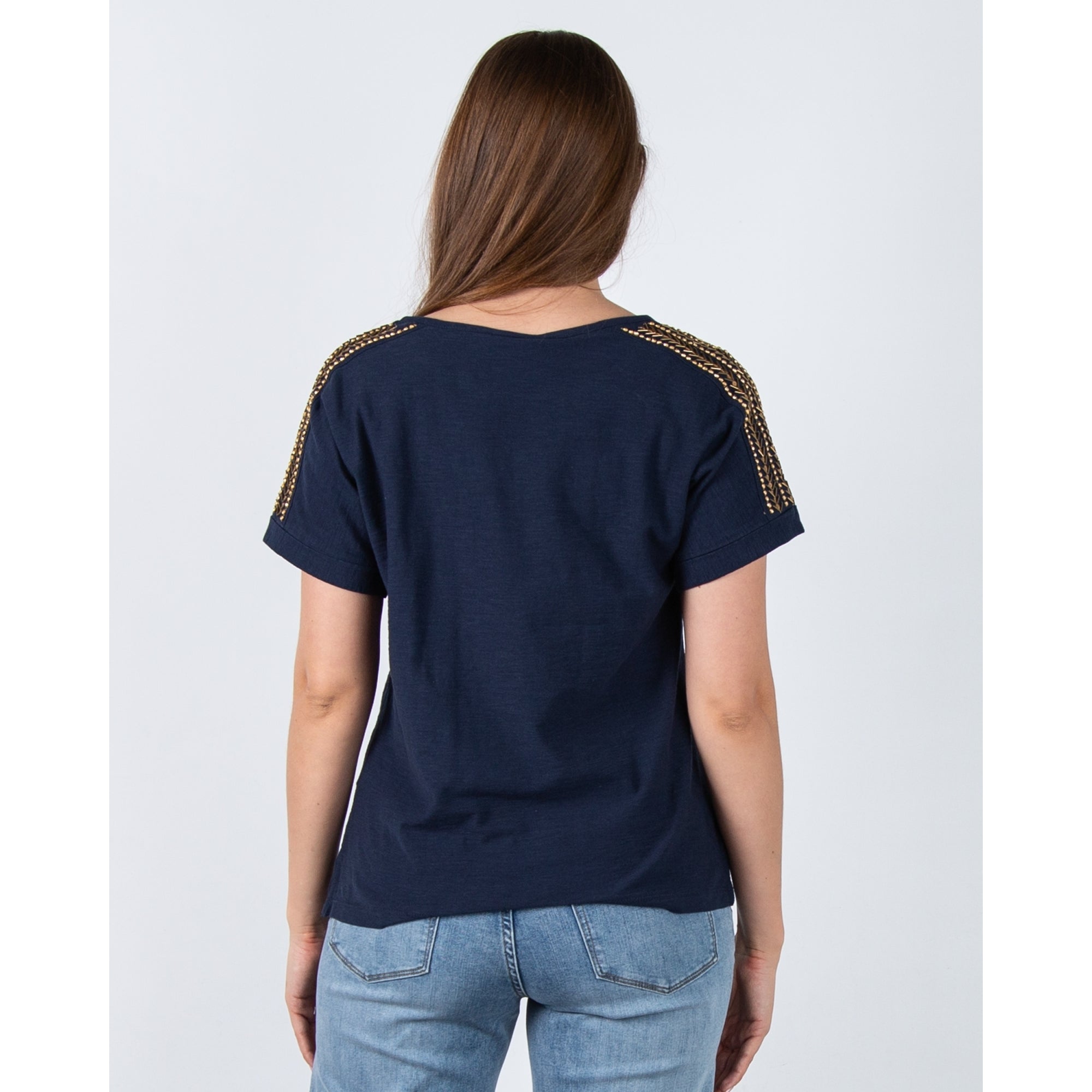 Pomodoro Round Neck T-shirt With Embellished Sleeves Navy