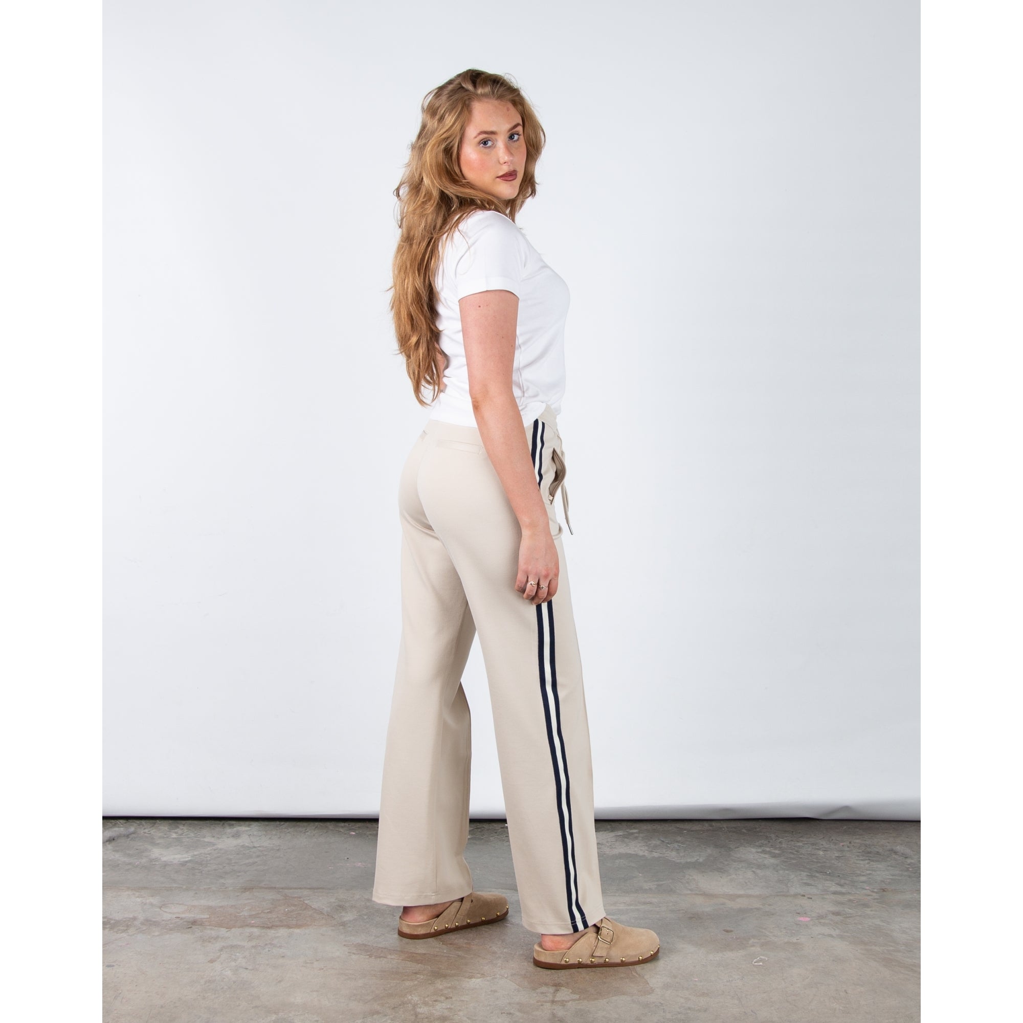 Red Button Colette Wide Leg Pull On Trouser With Side Stripe (Shorter) Beige