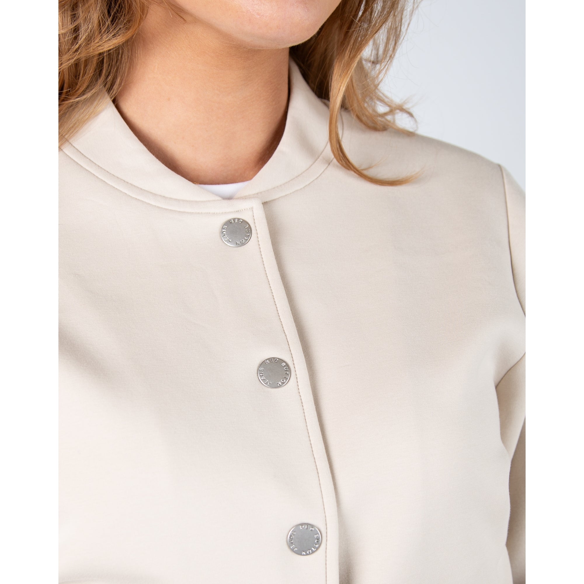 Red Button Scuba Button Down Bomber Jacket Beige