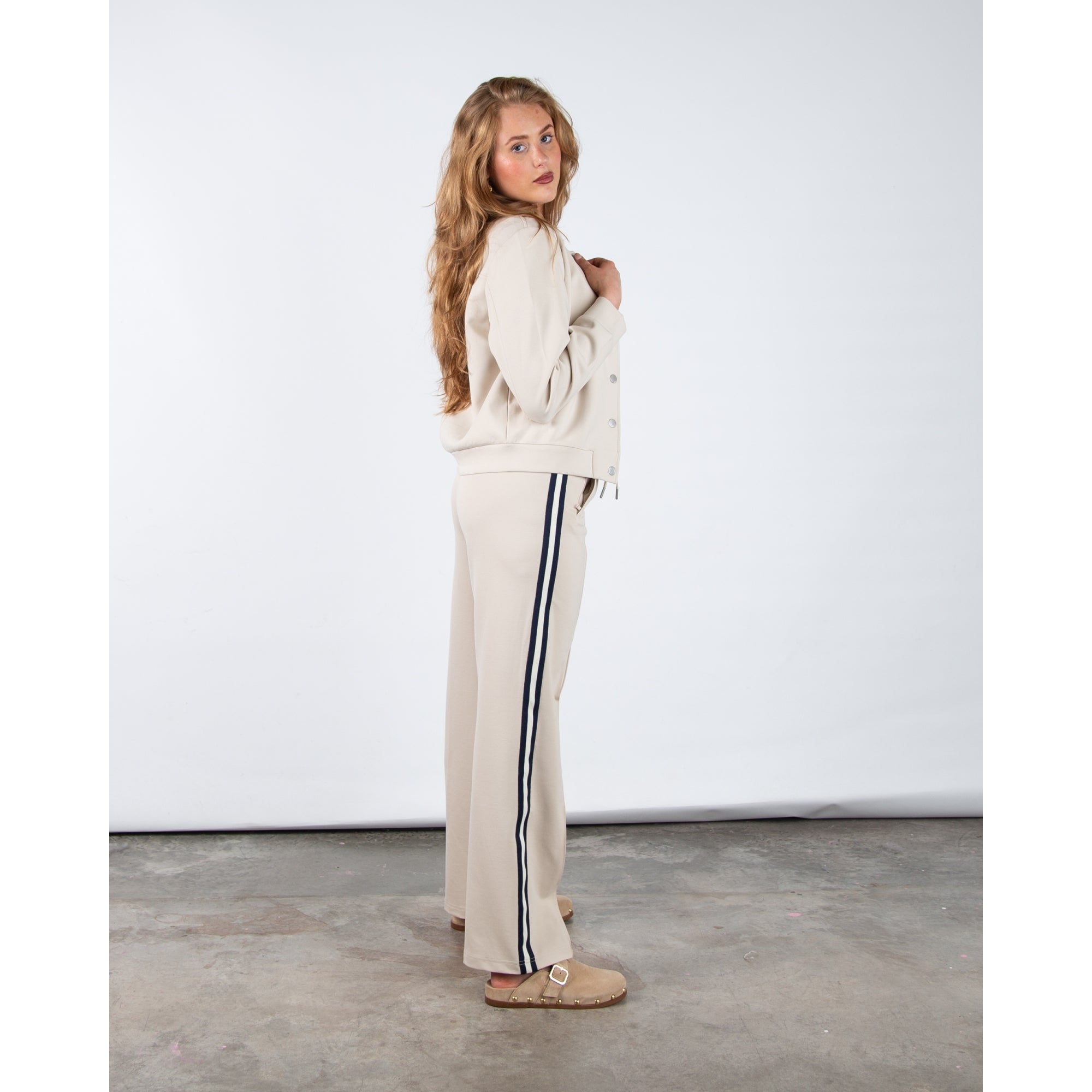 Red Button Colette Wide Leg Pull On Jogger With Side Stripe Beige (Longer)