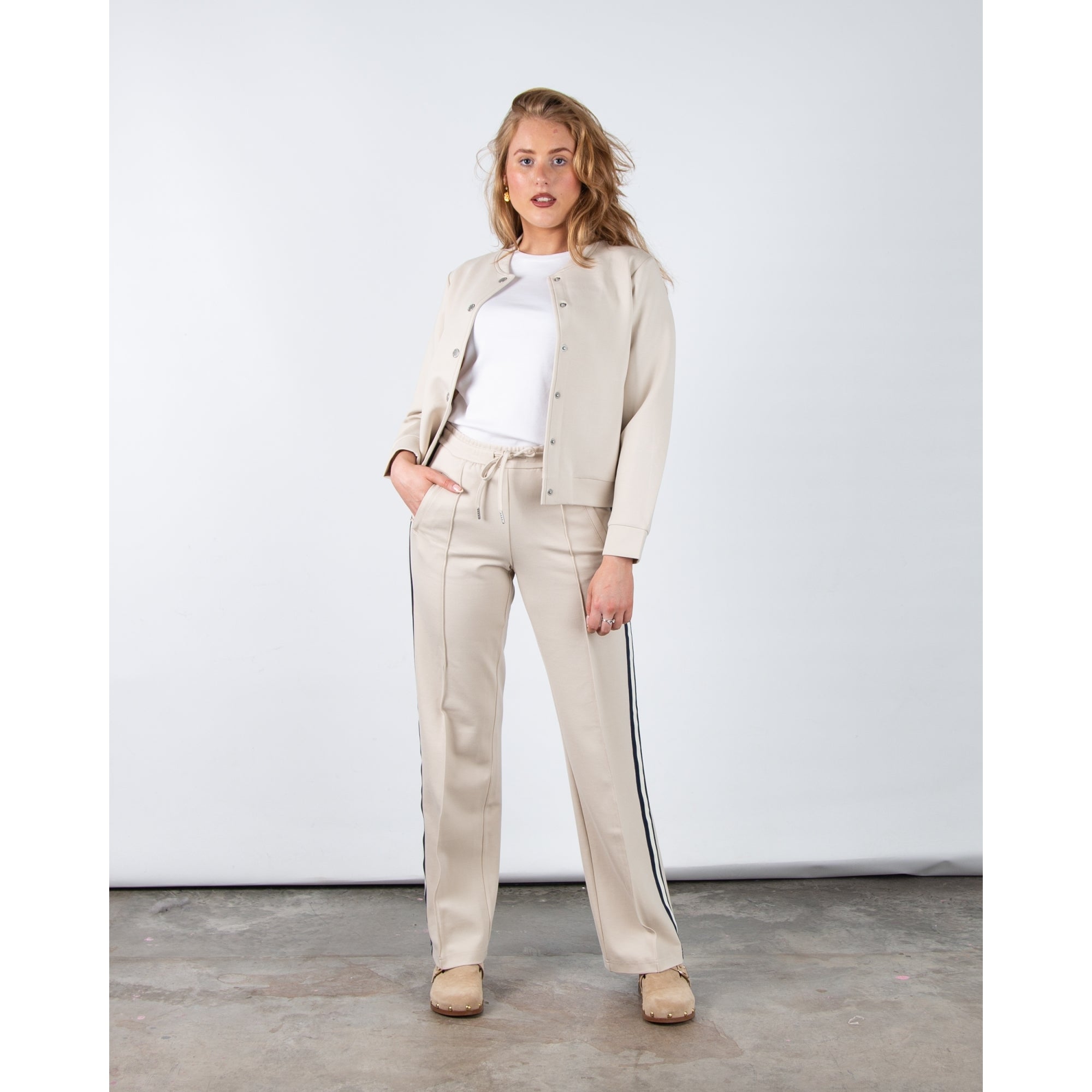 Red Button Colette Wide Leg Pull On Jogger With Side Stripe Beige (Longer)