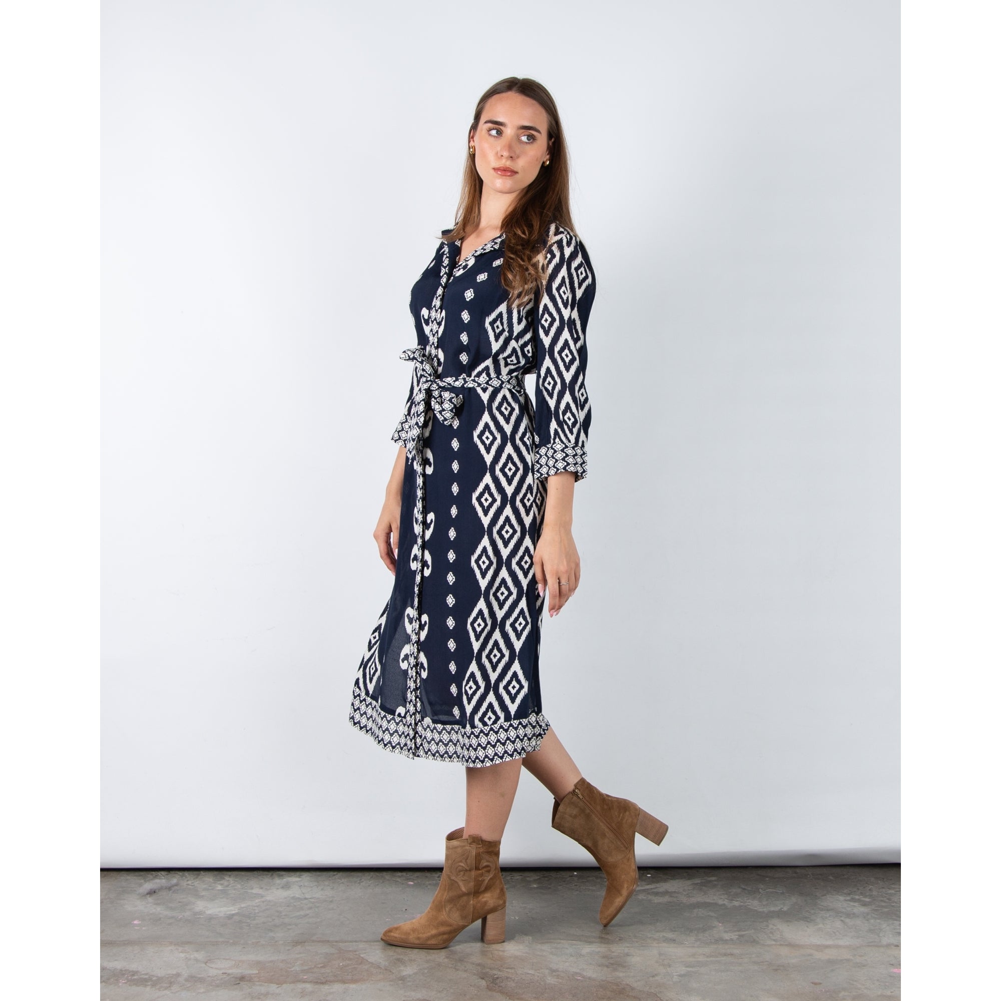Pomodoro Ikat Print Belted Shirt Dress Navy/white