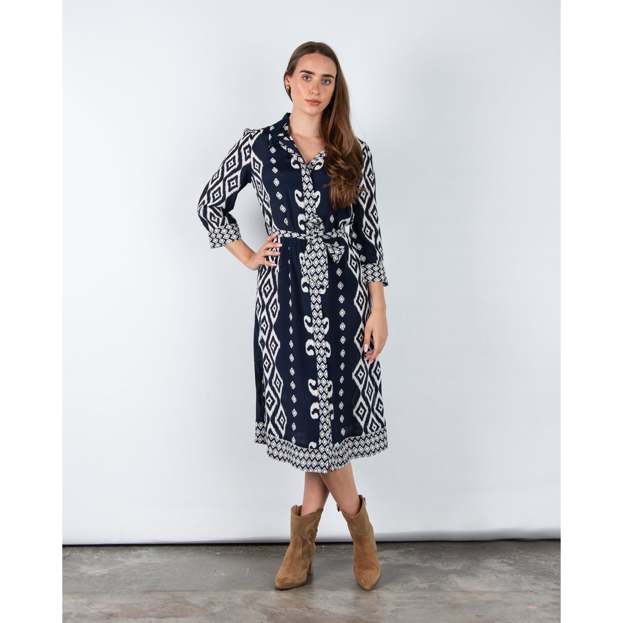 Pomodoro Ikat Print Belted Shirt Dress Navy/white
