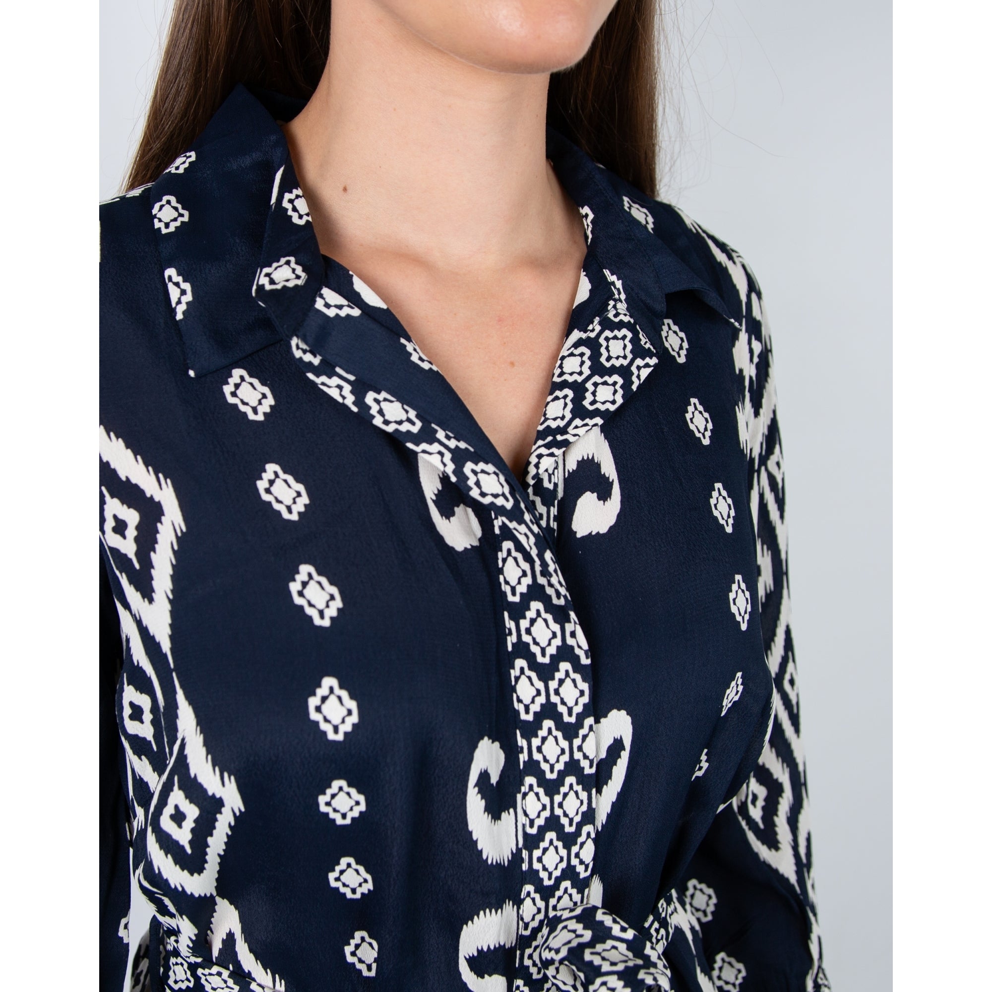 Pomodoro Ikat Print Belted Shirt Dress Navy/white