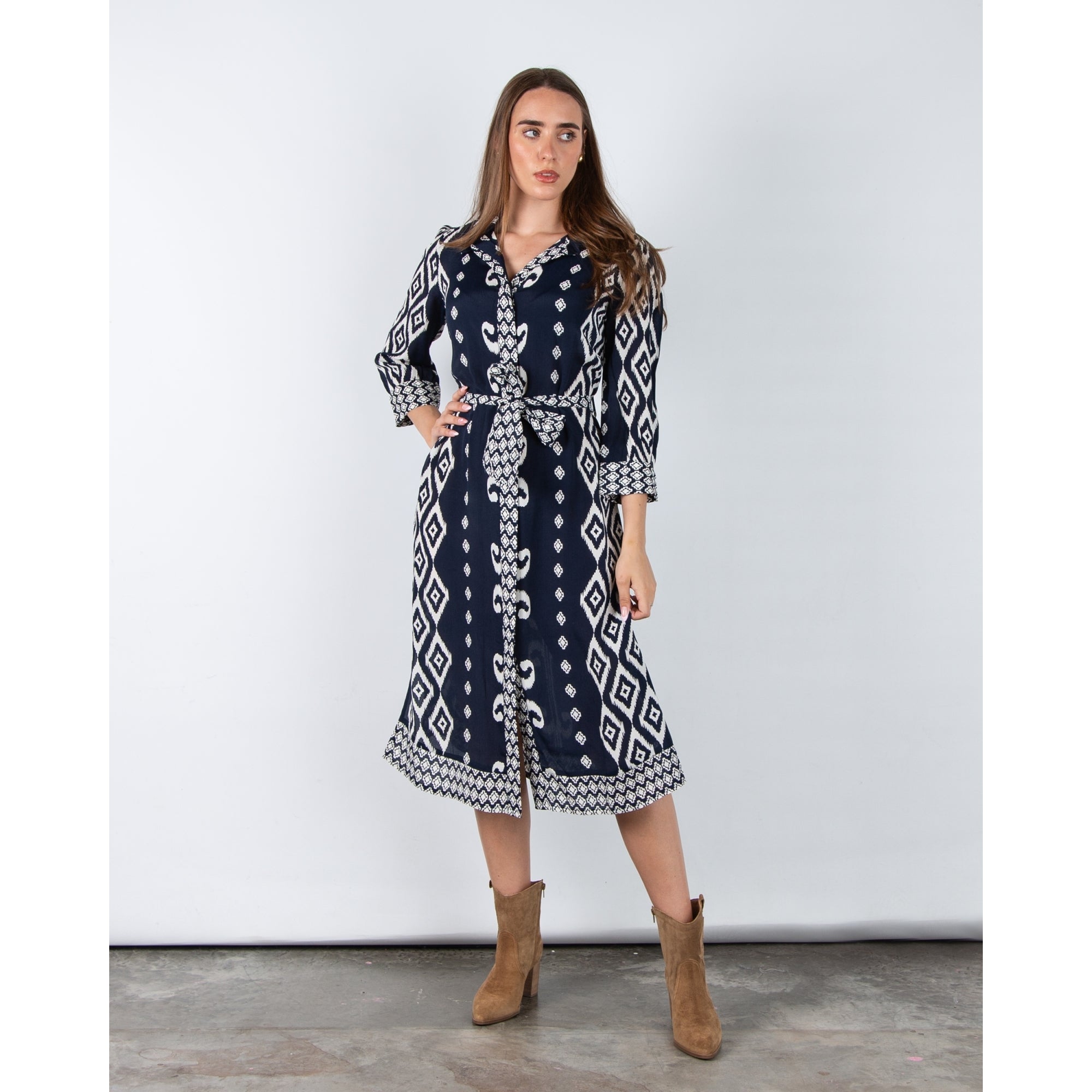 Pomodoro Ikat Print Belted Shirt Dress Navy/white