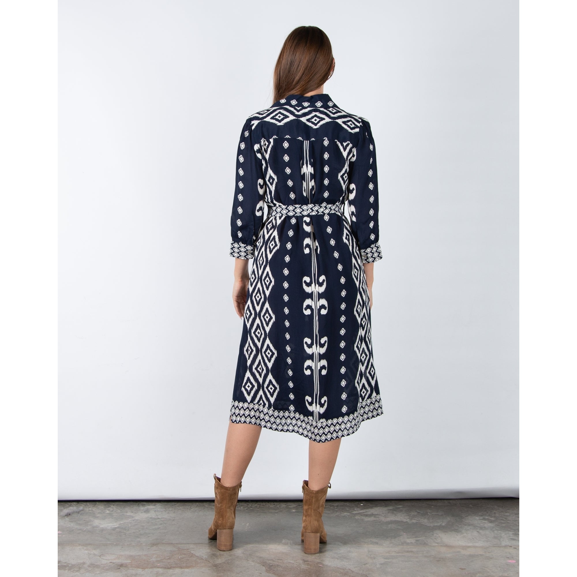 Pomodoro Ikat Print Belted Shirt Dress Navy/white
