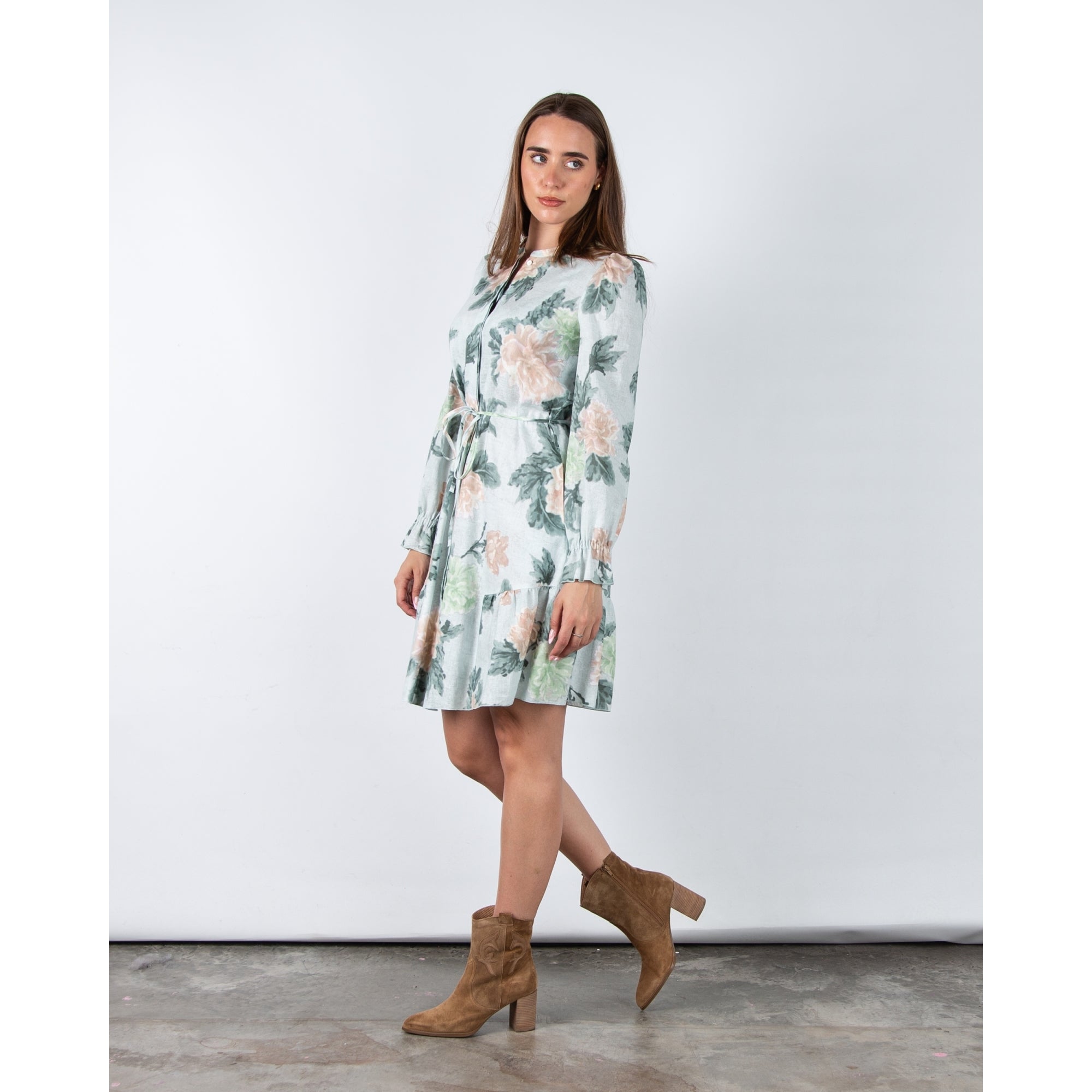 Luisa Cerano Rose Print Ramie Midi Dress With Tie Waist Pastel Rose