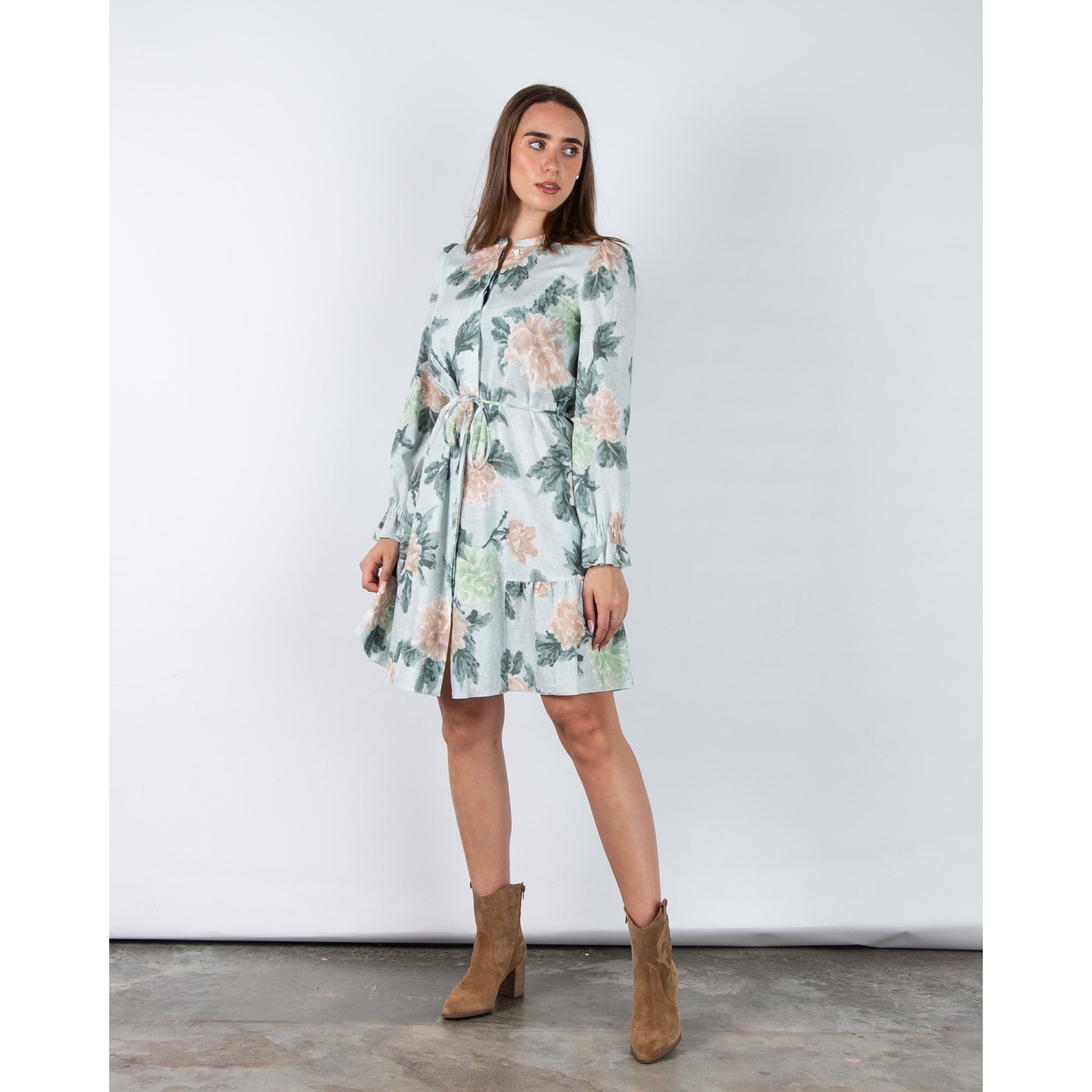 Luisa Cerano Rose Print Ramie Midi Dress With Tie Waist Pastel Rose