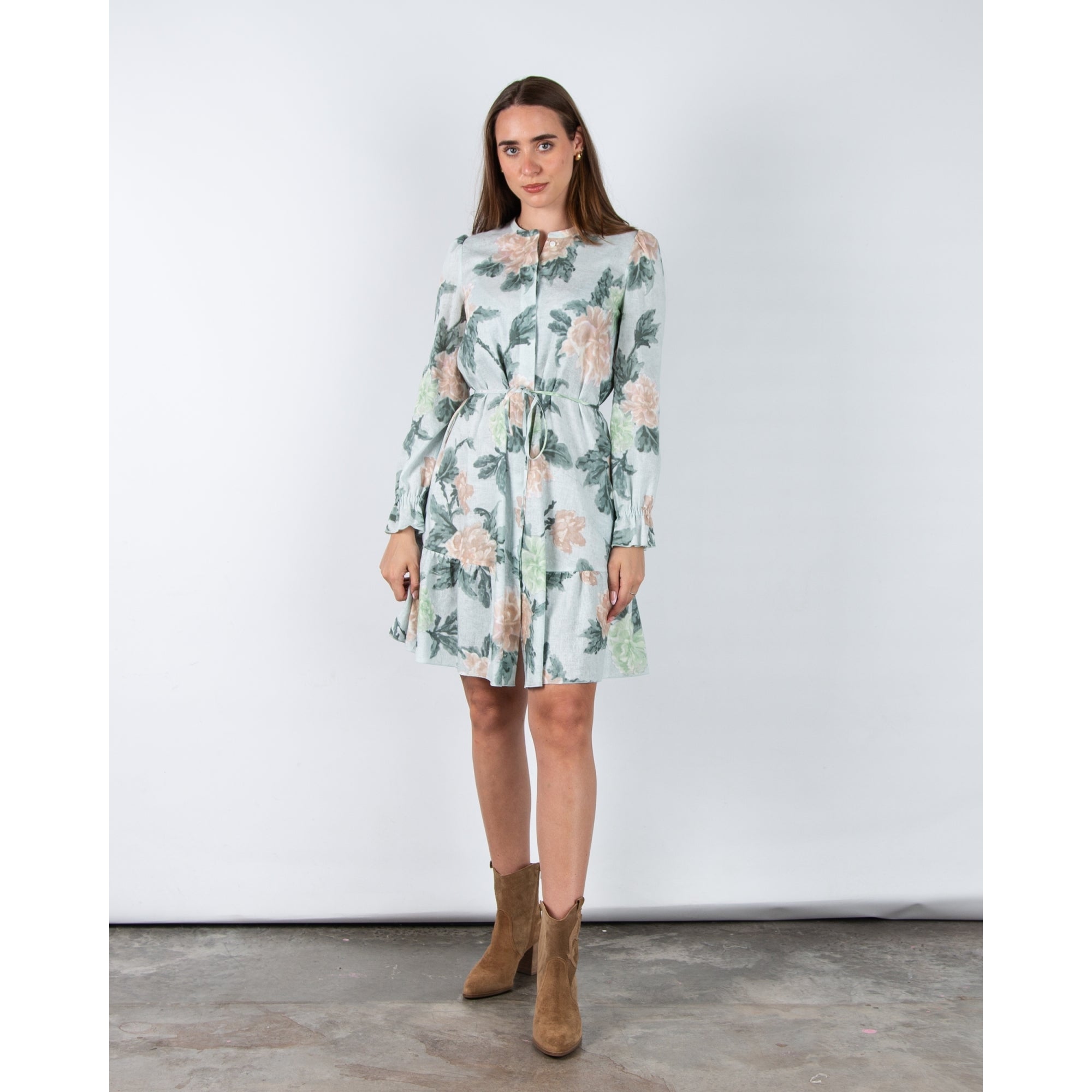 Luisa Cerano Rose Print Ramie Midi Dress With Tie Waist Pastel Rose